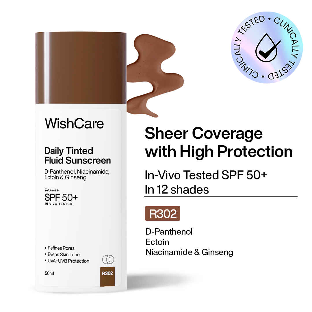 Buy WishCare Daily Fluid Tinted Sunscreen SPF50 PA++++|R302| Broad Spectrum Protection for all skin types| In-Vivo Tested| D-Panthenol, Niacinamide, Ectoin & Ginseng | Evens & Protects | 50 ml - Purplle