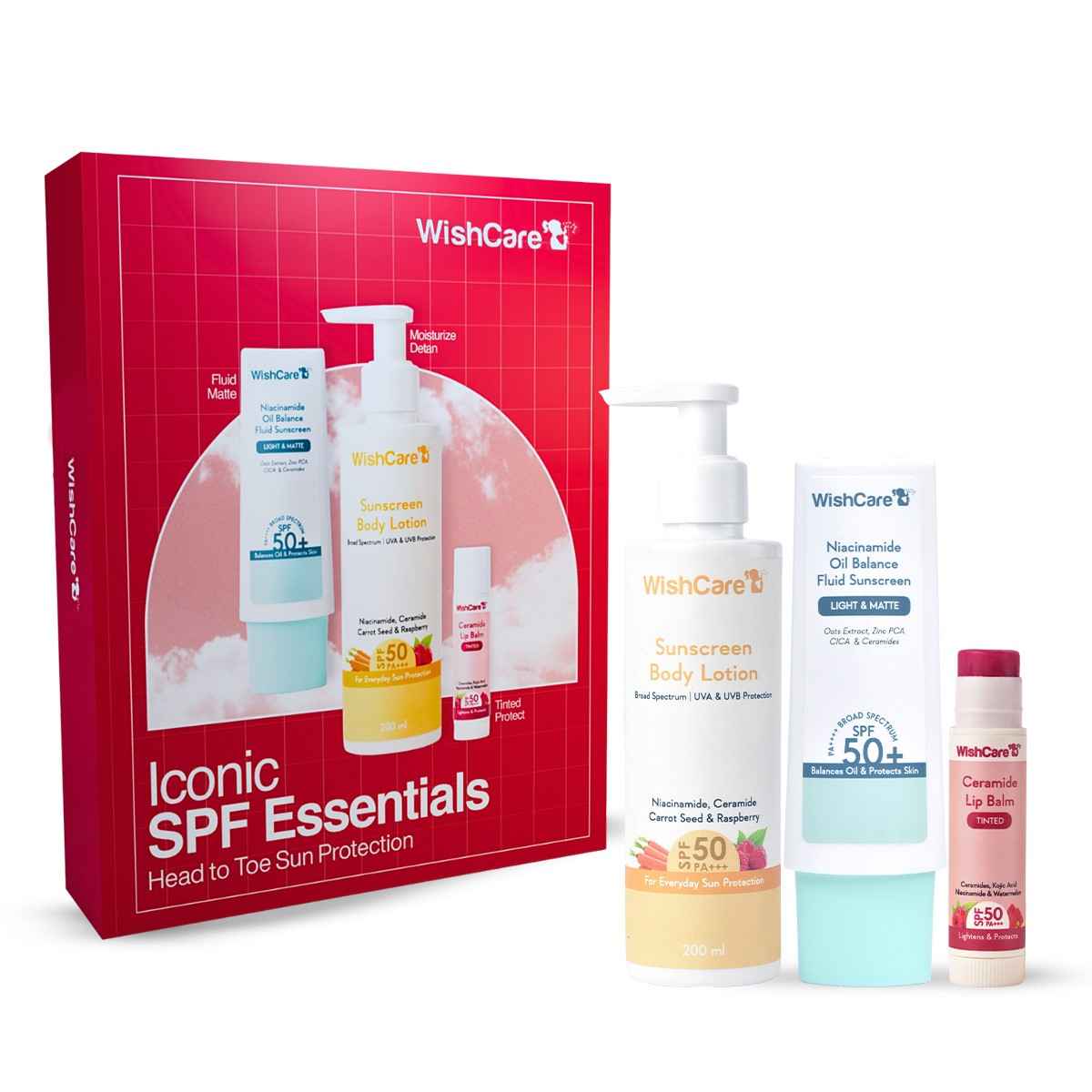 Buy WishCare Iconic SPF Essentials Head-to-Toe Sun Protection SPF 50+ PA++++ Gift Box (225 ml) - Purplle
