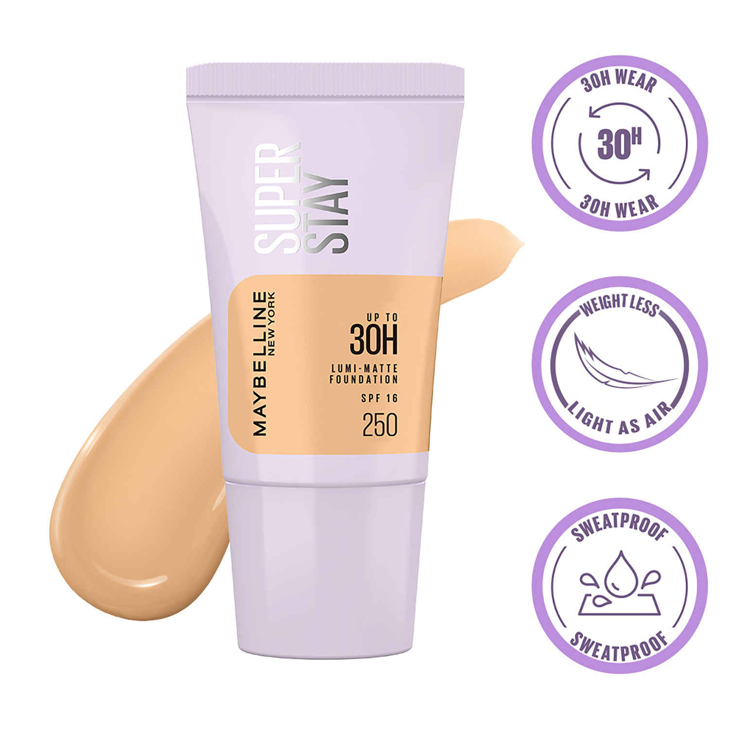Buy Maybelline New York Super Stay Lumi-Matte Foundation- 250, 30H longwear, Lightweight, Suitable for all Skin Types, Soft Glow, Buildable Coverage, 18 gm - Purplle