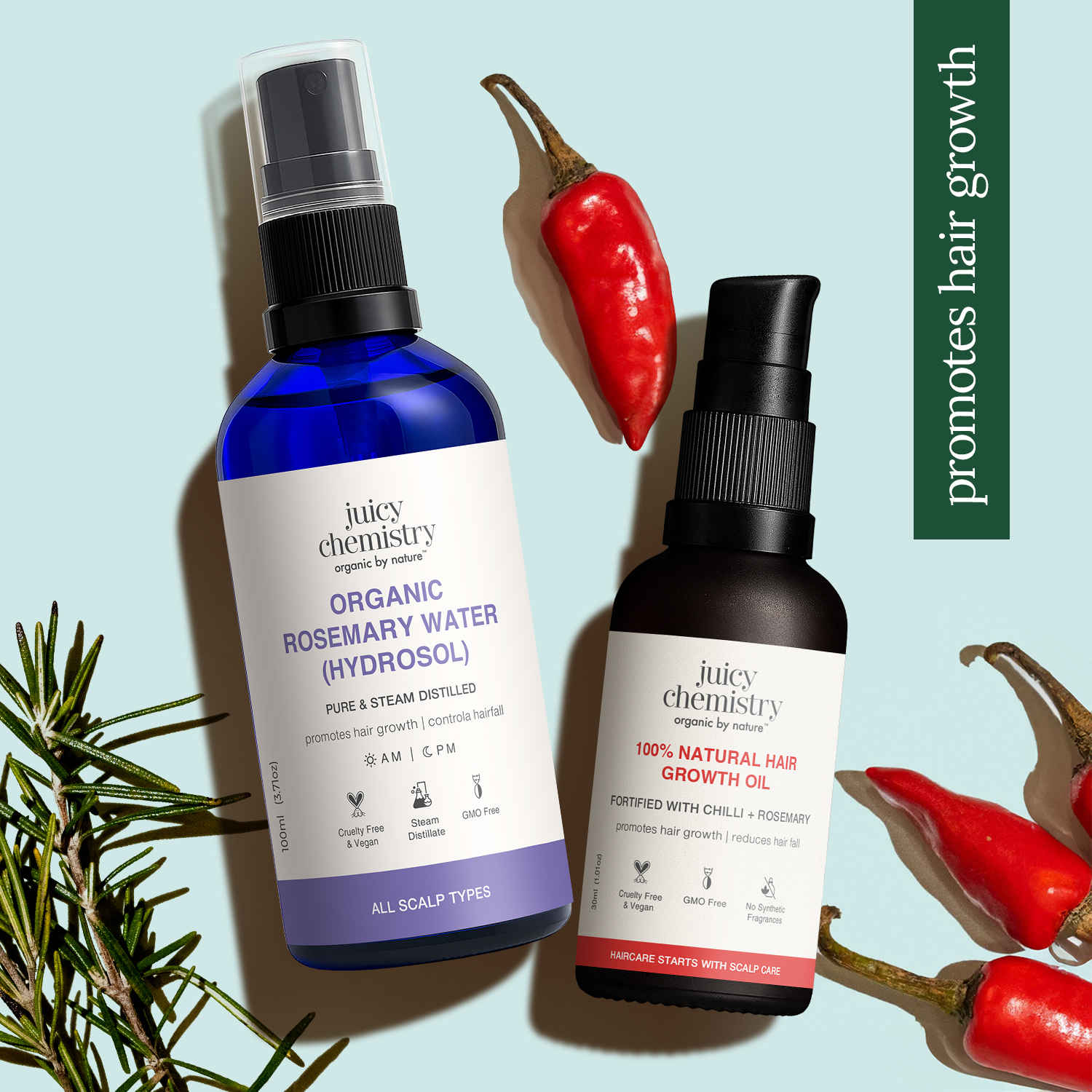 Buy Juicy Chemistry Hair Regrowth Combo - Chilli, Rosemary & Kalonji Hair Growth Oil (30 ml) + Rosemary Water Hair Spray (100 ml) | Anti Hair Fall Treatment | Strengthens Hair | 100% Natural | Pack of 2 - Purplle