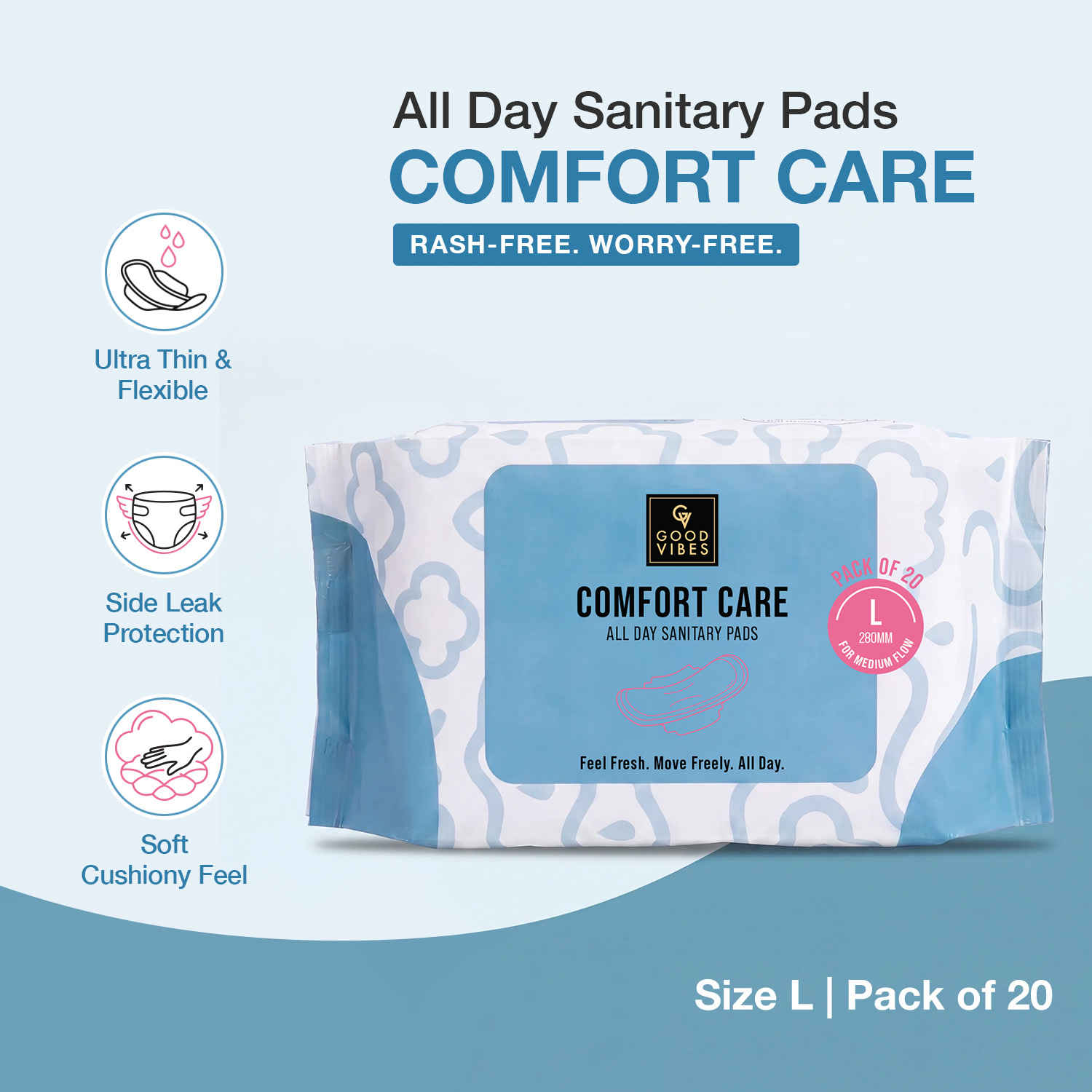 Buy Good Vibes Comfort Care All Day Sanitary Pads | Ultra Thin & Flexible | Cottony Soft Topsheet | Rash-Free & Breathable | Side Leak Protection | Perfume-Free Pads for Women | Medium Flow | Size L | Pack of 20 - Purplle