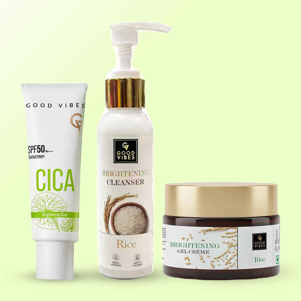 Buy Good Vibes Glass Skin Routine (Rice Brightening Face Cleanser-120 gm + Rice Brightening Gel Creme-50 gm + CICA Brightening Glow Sunscreen-50 gm) Combo of 3 - Purplle