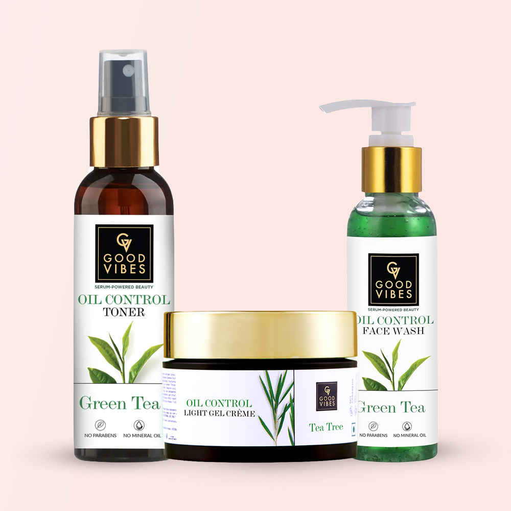 Buy Good Vibes Oil Control Combo (Oil Control Green Tea Face Wash-120 ml + Green Tea Oil Control Toner- 120 ml + Tea Tree Oil Control Light Gel Creme-50 gm) Combo of 3 - Purplle