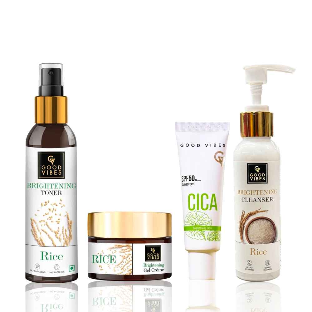 Buy Good Vibes Brightening CTMS Combo (Rice Brightening Face Cleanser-120 gm + Rice Brightening Toner-120 ml + Rice Brightening Gel Creme-50 gm + CICA Brightening Glow Sunscreen-50 gm) Combo of 4 - Purplle