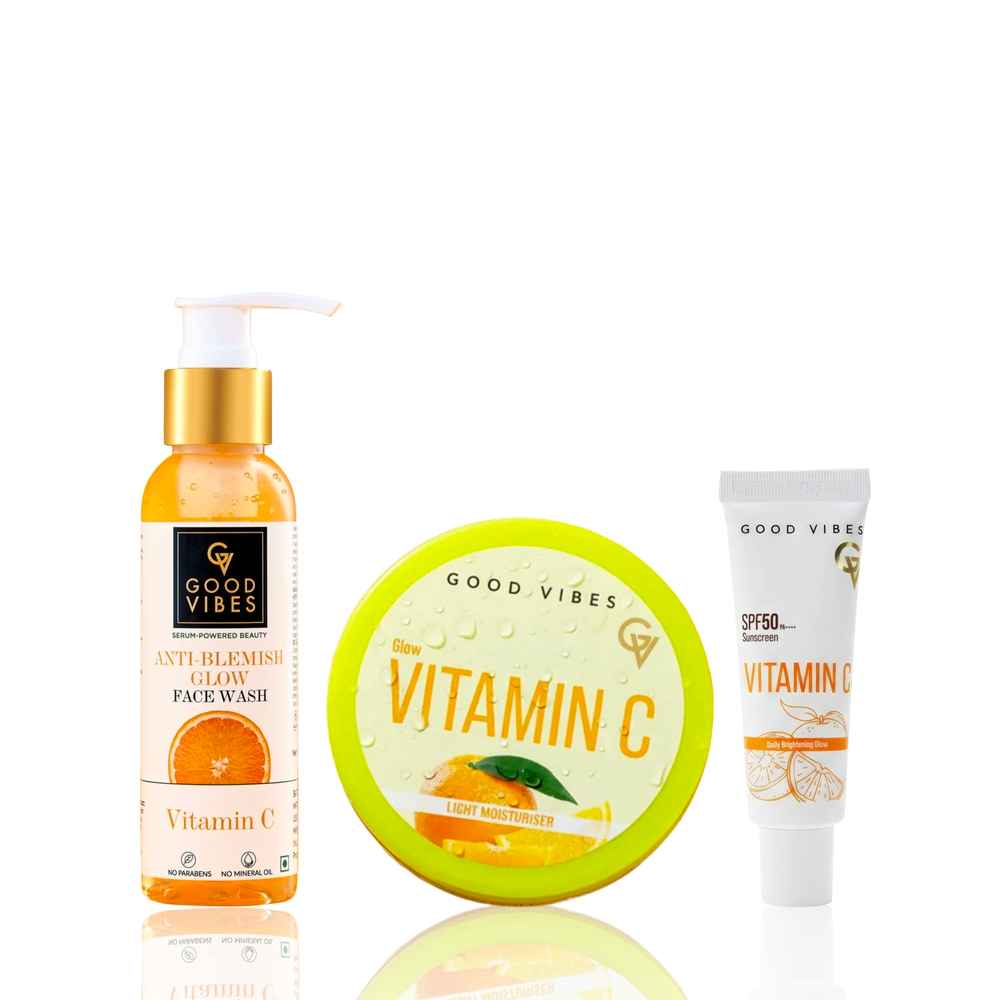 Buy Good Vibes Vitamin C CMS Combo (Anti Blemish Glow face Wash Vitamin C- 120 ml + Good Vibes Vitamin C Super Light Gel Moisturiser- 200 gm + Vitamin C Daily Brightening Glow Sunscreen 50 gm) Combo of 3 - Purplle