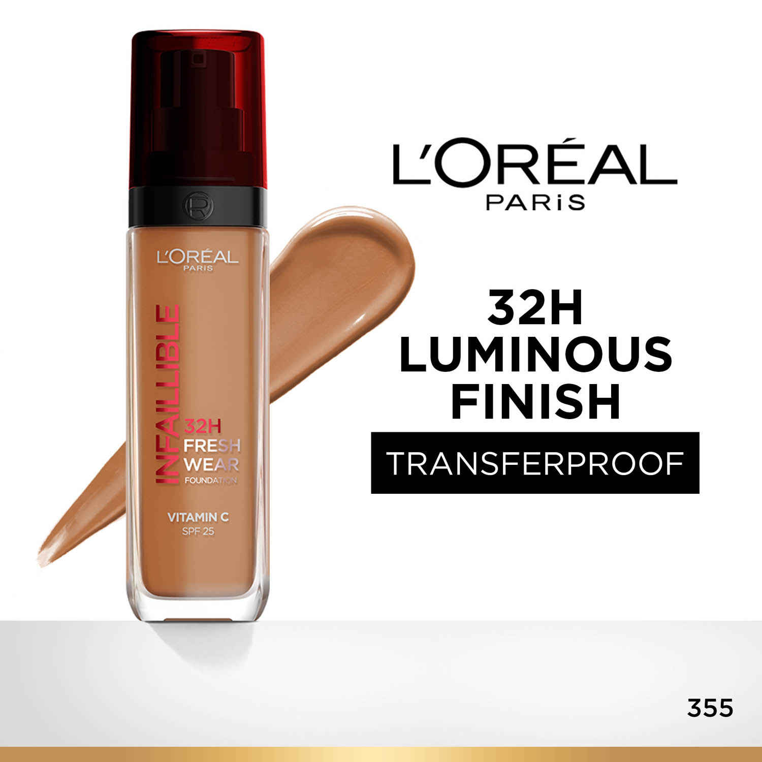 Buy L'Oreal Paris Infallible 32H Fresh Wear Foundation With Vitamin C & SPF 25, Luminous Coverage, 32H Longwear, Transfer-proof, Shade No 355, 30 ml - Purplle