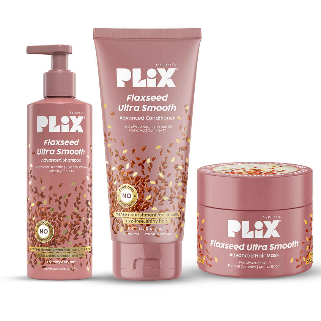 Buy PLIX Flaxseed Keratin Smoothening Mask, Shampoo & Conditioner | Plant Keratin PF | Flaxseed Oil | Softer, Smoother Hair | Pack of 3 | 200 gm + 200 ml + 175 ml | - Purplle