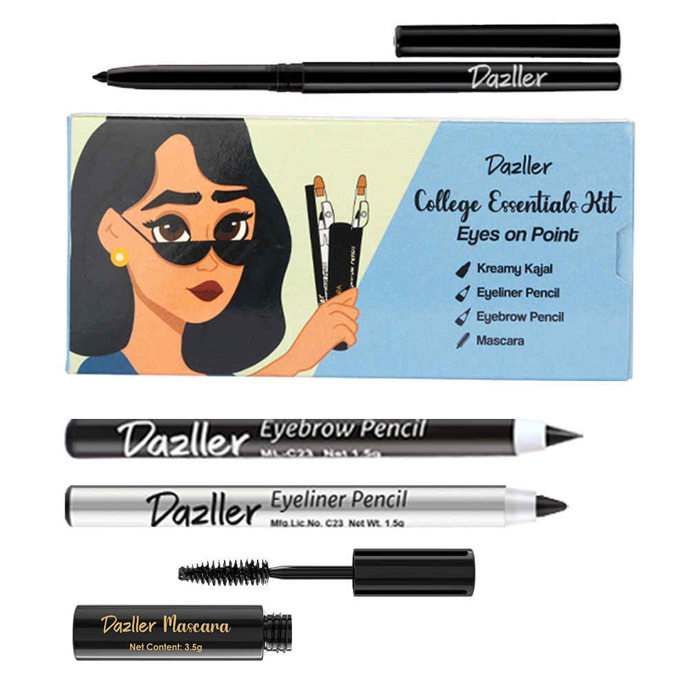 Buy Dazller College Makeup Essentials 4 - Eyes on Point | Kajal | Mascara | Eyeliner | Eyebrow | Water-Resistant | Smudge-proof | Starter Makeup Kit for Women | 6.85 gm - Purplle