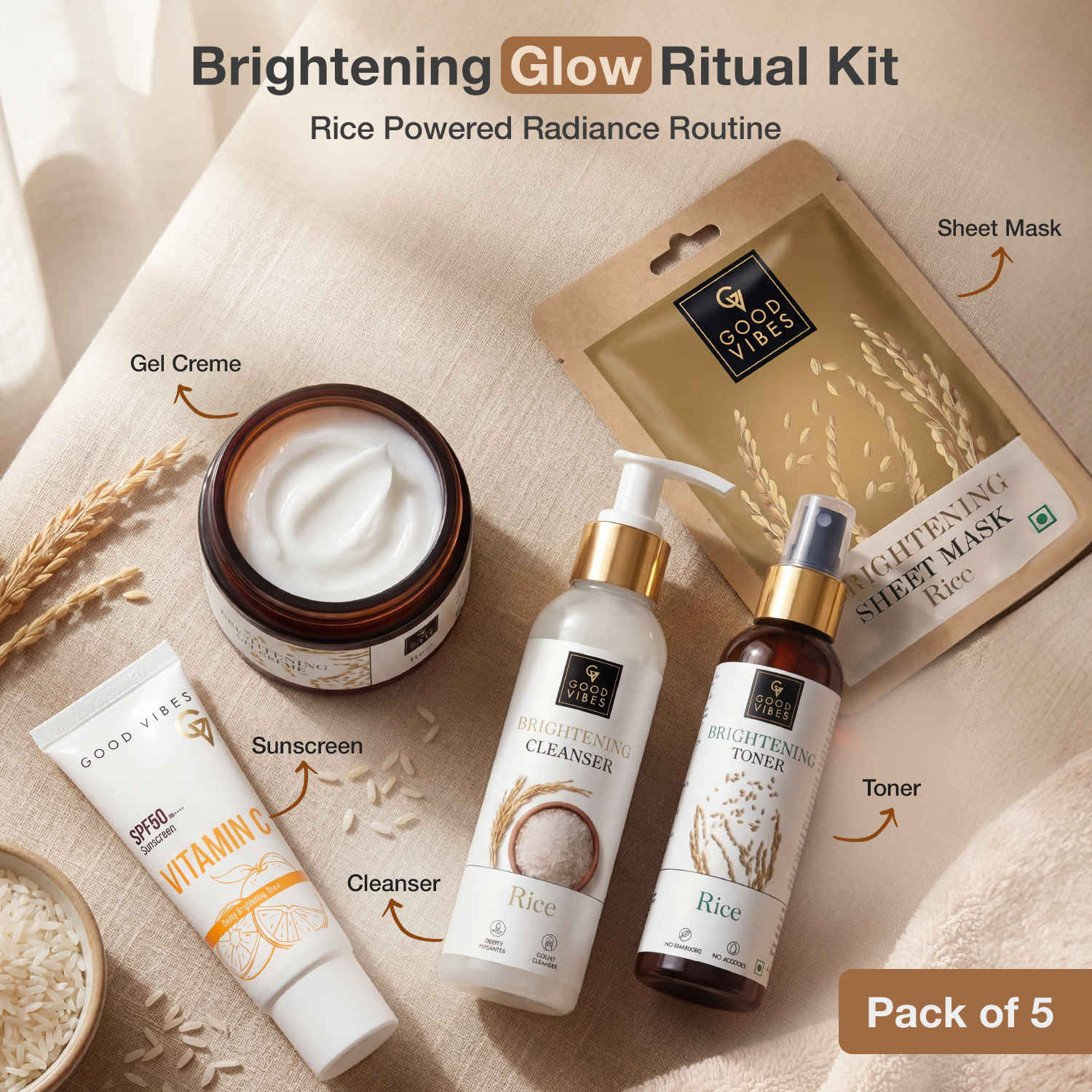Buy Good Vibes Brightening Glow Ritual Kit | Rice Face Cleanser 120 ml + Rice Toner 120 ml + Rice Gel Creme 50 gm + Rice Sheet Mask 20 ml + Vitamin C SPF 50 PA++++ Sunscreen 50 gm | Combo of 5 - Purplle