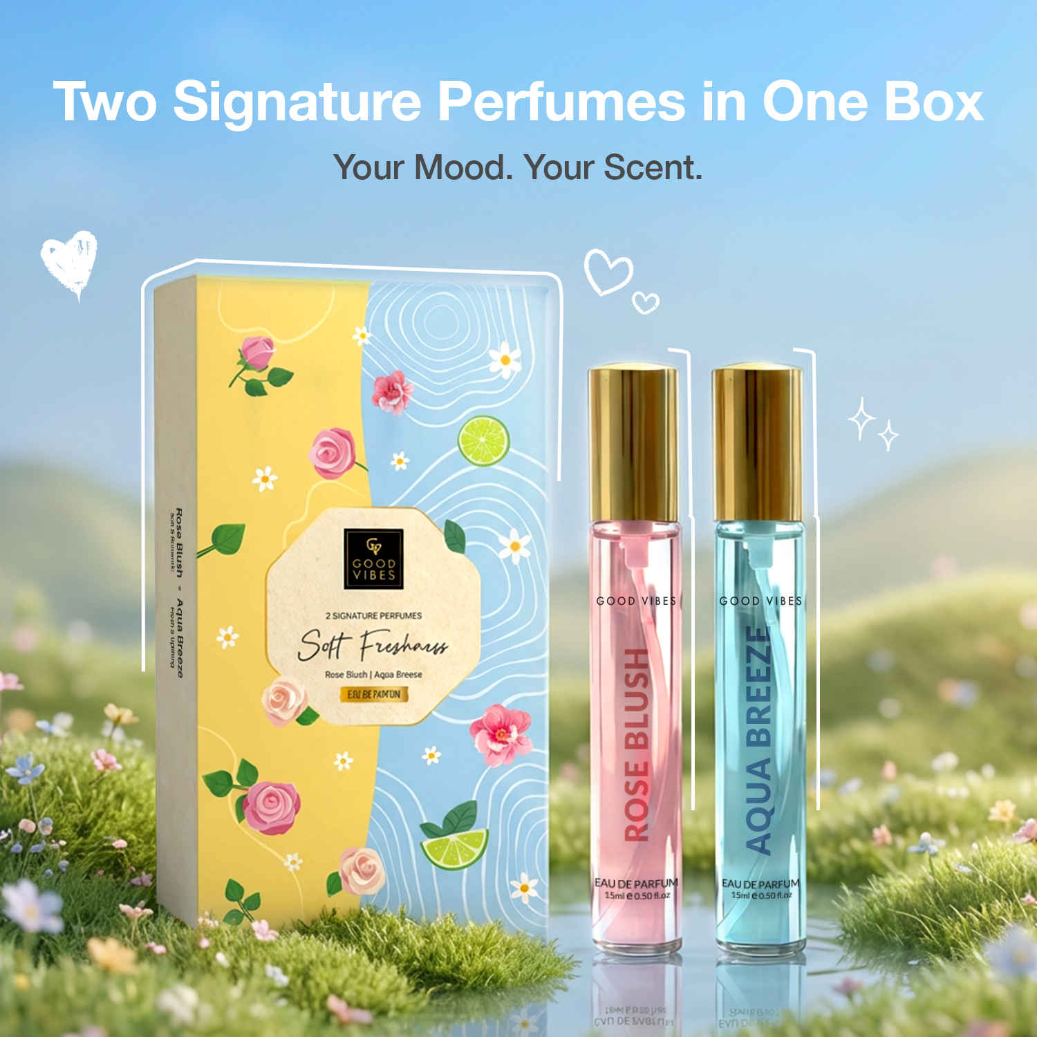 Buy Good Vibes Soft Freshness Signature Perfume Duo Gift Set | Rose Blush & Aqua Breeze Perfume | Long Lasting Mini Perfume Duo | Travel Size Fragrance Combo | Up to 10 Hours Wear | For Women | 15 ml x 2 - Purplle