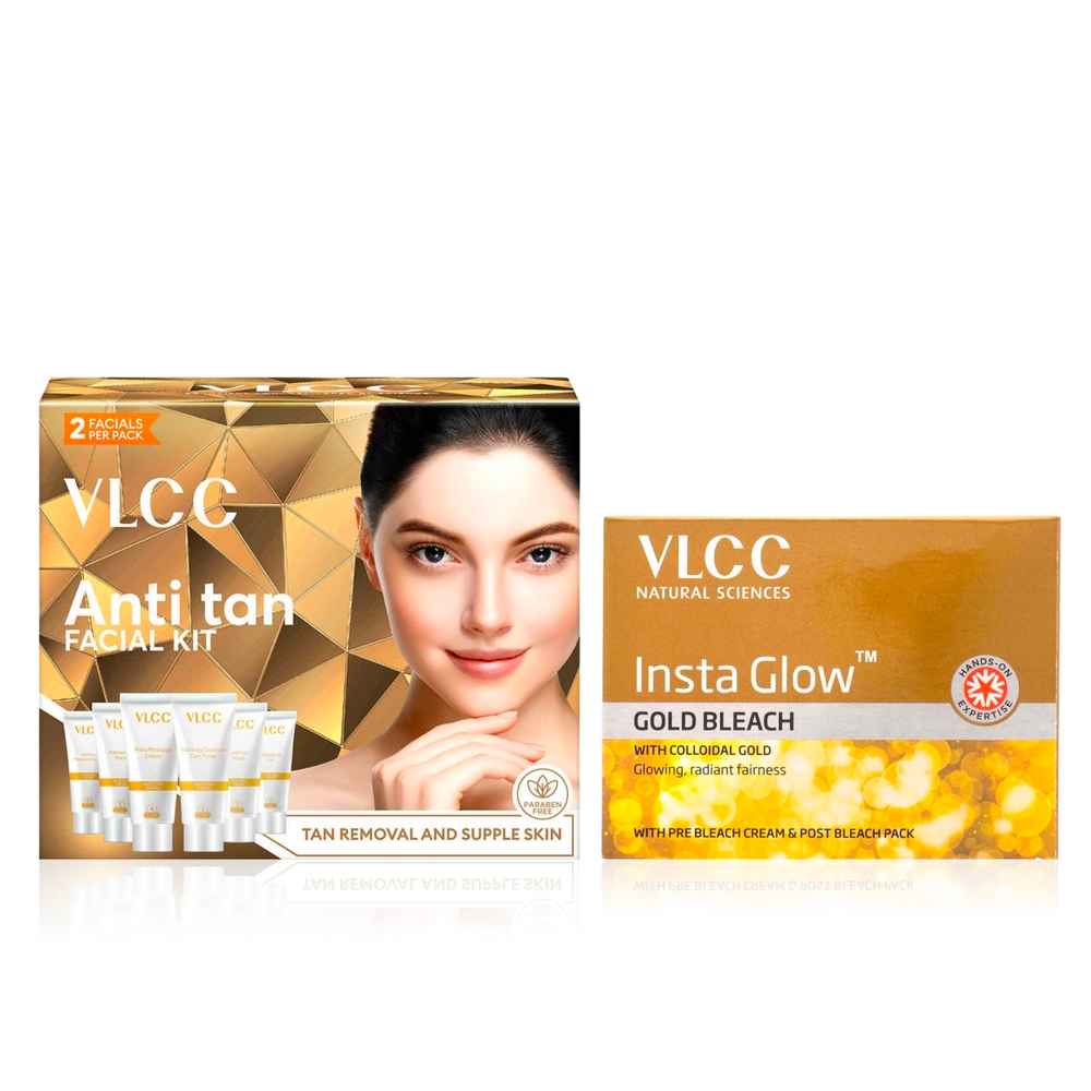 Buy VLCC Anti Tan Facial Kit + Insta Glow Gold Bleach Combo | Tan Removal & Radiant Glow | Enriched with Natural Extracts & Gold Dust for Bright, Even Skin Tone | Salon-Like Skincare Duo (Facial Kit 60 gm + Bleach 60 gm) - Combo of 2 - Purplle