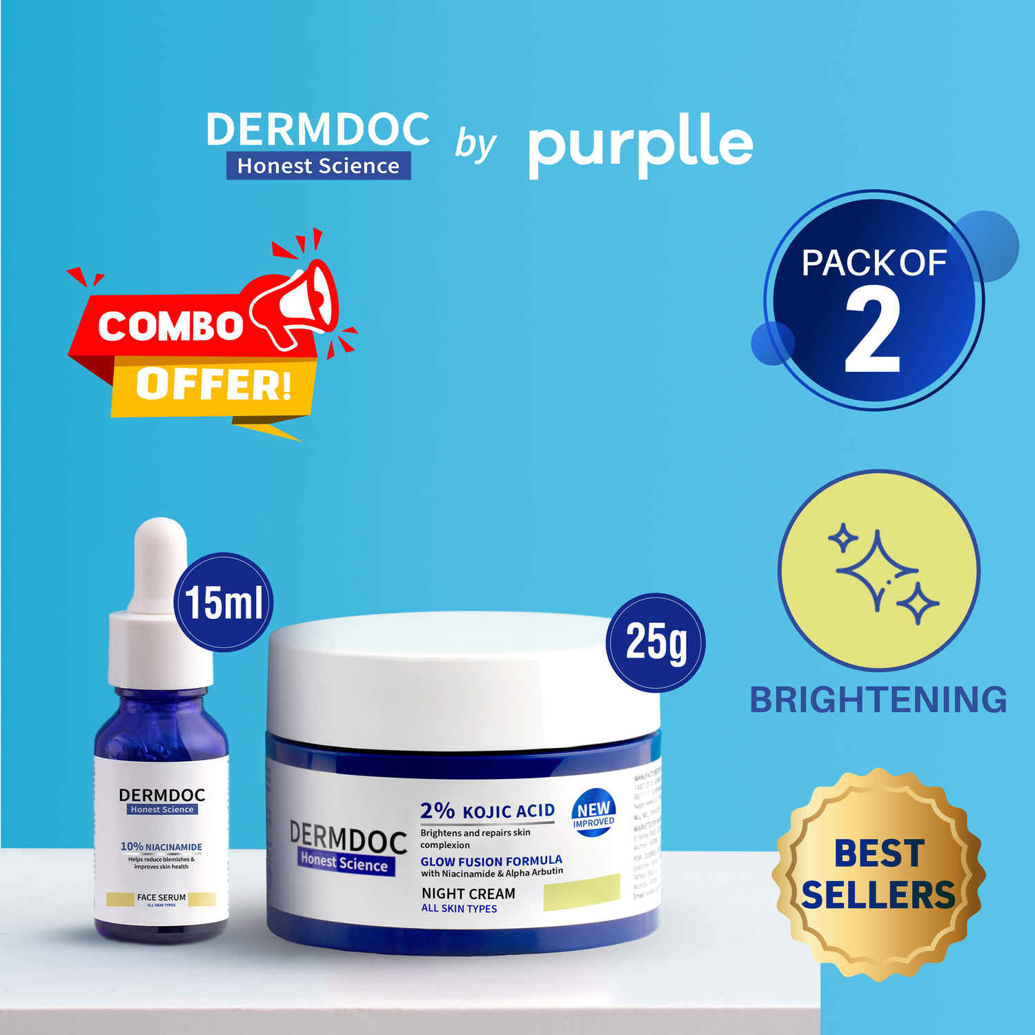 Buy DERMDOC Glowlixir Set (Combo of 2) | 10% Niacinamide Face Serum (15ml) | 2% Kojic Acid Glow Fusion Formula Night Cream (25g) | Bestsellers | Value Pack - Purplle