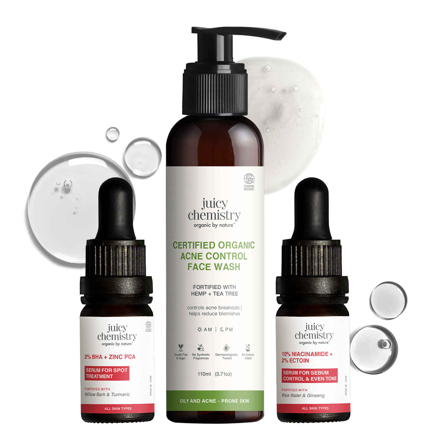 Buy Juicy Chemistry Clear Skin Routine: Hemp & Tea Tree Clarifying Facewash (110 ml) + 10% Niacinamide (10 ml) + 2% BHA & Zinc PCA (10 ml) | Reduces Acne Scars | Cleanses, Treats & Improves Skin | Combo of 3 - Purplle