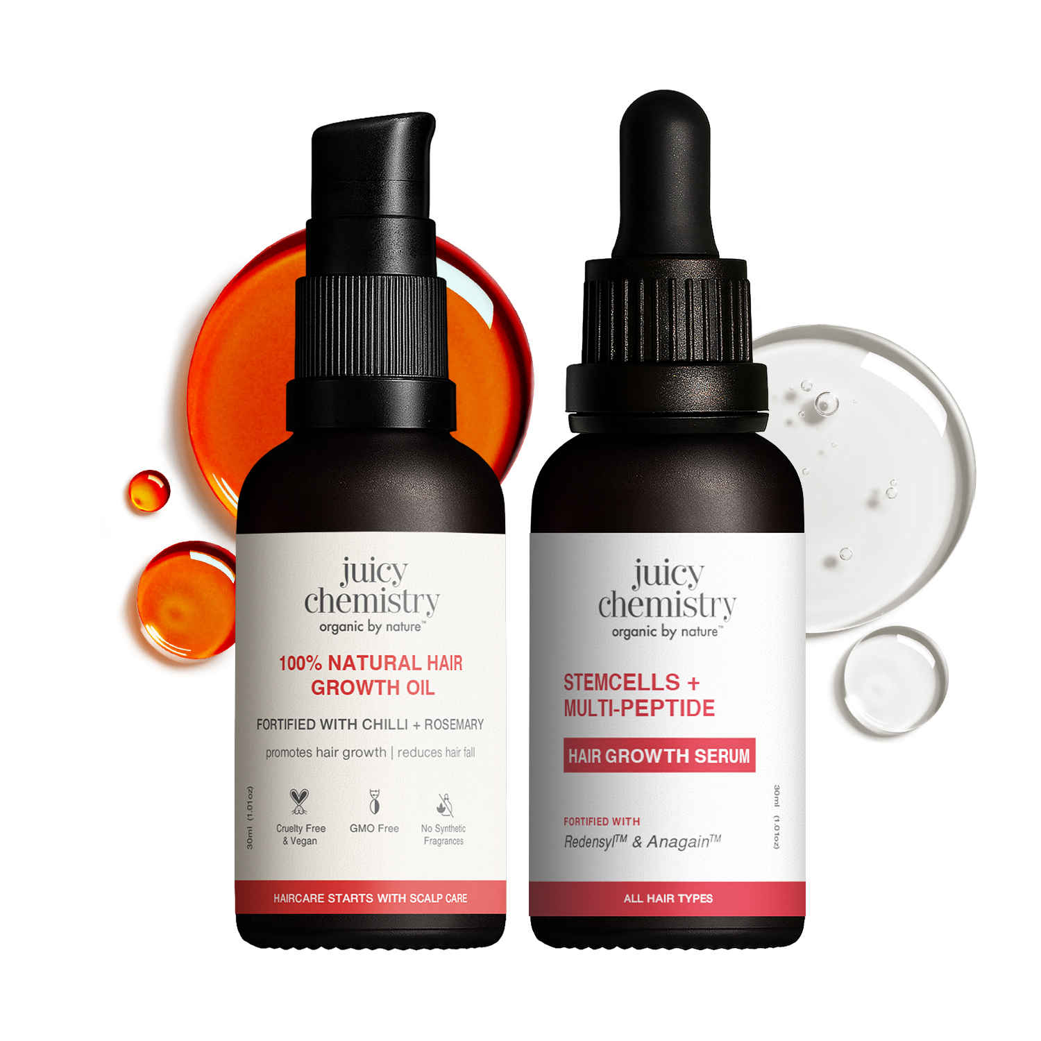Buy Juicy Chemistry Scalp & Hair Health Duo: Chili Rosemary Hair Growth Oil (30 ml) + Stem Cells & Multi-Peptide Hair Serum (30 ml) | Reduces Hair Fall & Improves Root Strength for Healthy Hair | Combo of 2 - Purplle