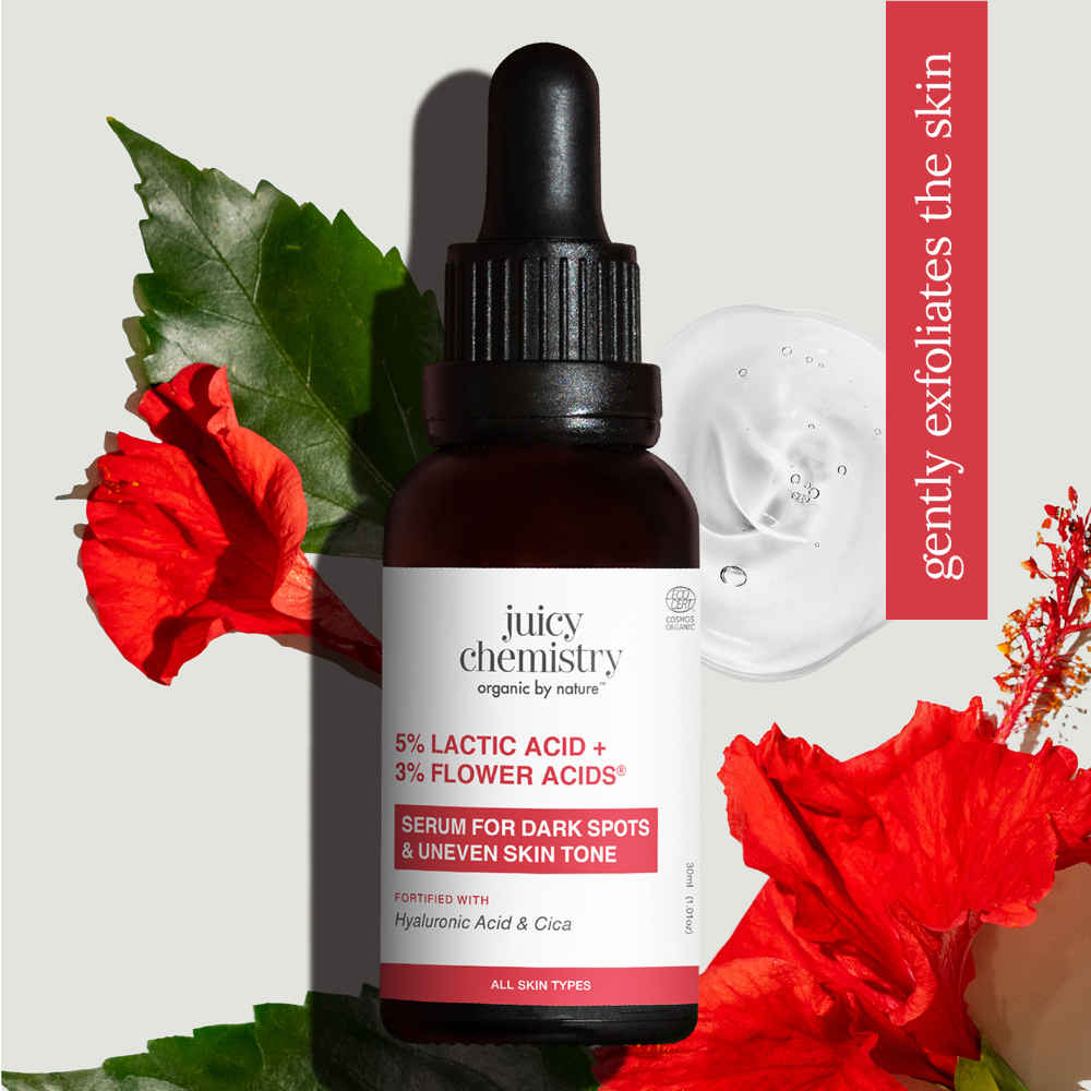 Buy Juicy Chemistry 5% Lactic Acid + 3% Flower Acids Serum, 30 ml | Gentle Exfoliating & Brightening Face Serum | Reduces Dark Spots & Pigmentation | Smooth & Glowing Skin | Lightweight | Dermatologically Tested - Purplle