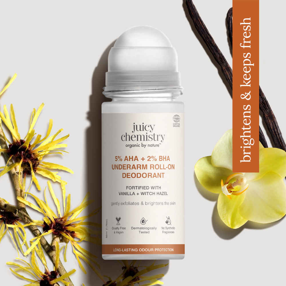 Buy Juicy Chemistry 5% AHA + 2% BHA Underarm Roll On Deodorant, 50 ml | With Vanilla + Witch Hazel | Exfoliates & Brightens Skin | Long Lasting Odour Protection | Prevents Ingrown Hair | Soothes Iriritation | Dermatologically Tested - Purplle