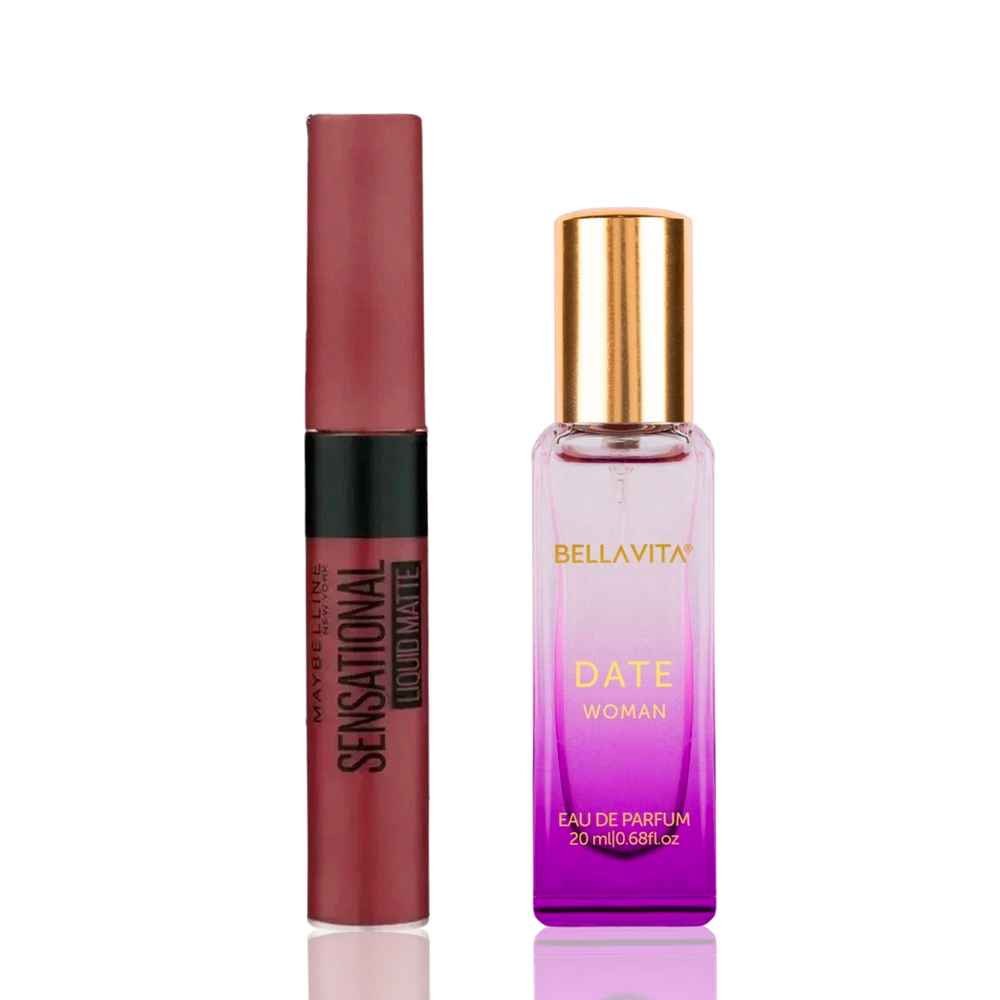 Buy Maybelline × Bella Vita Seduction Combo | Maybelline New York Sensational Liquid Matte Lipstick 02 Soft Wine 7 ml | Bella Vita Date Woman Eau De Parfum 20 ml Trial Pack - Combo of 2 - Purplle
