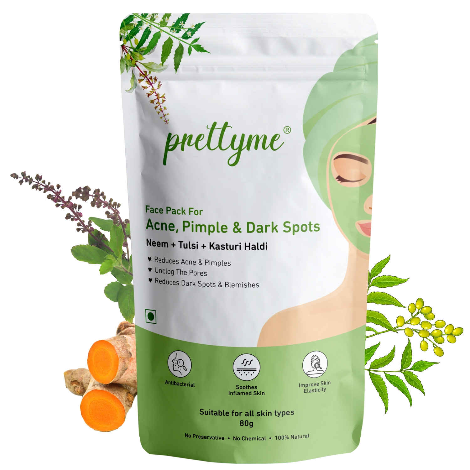 Buy Prettyme Neem, Tulsi & Kasturi Haldi Powder Face Pack for Acne, Pimple & Dark Spots, 80 gm - Purplle