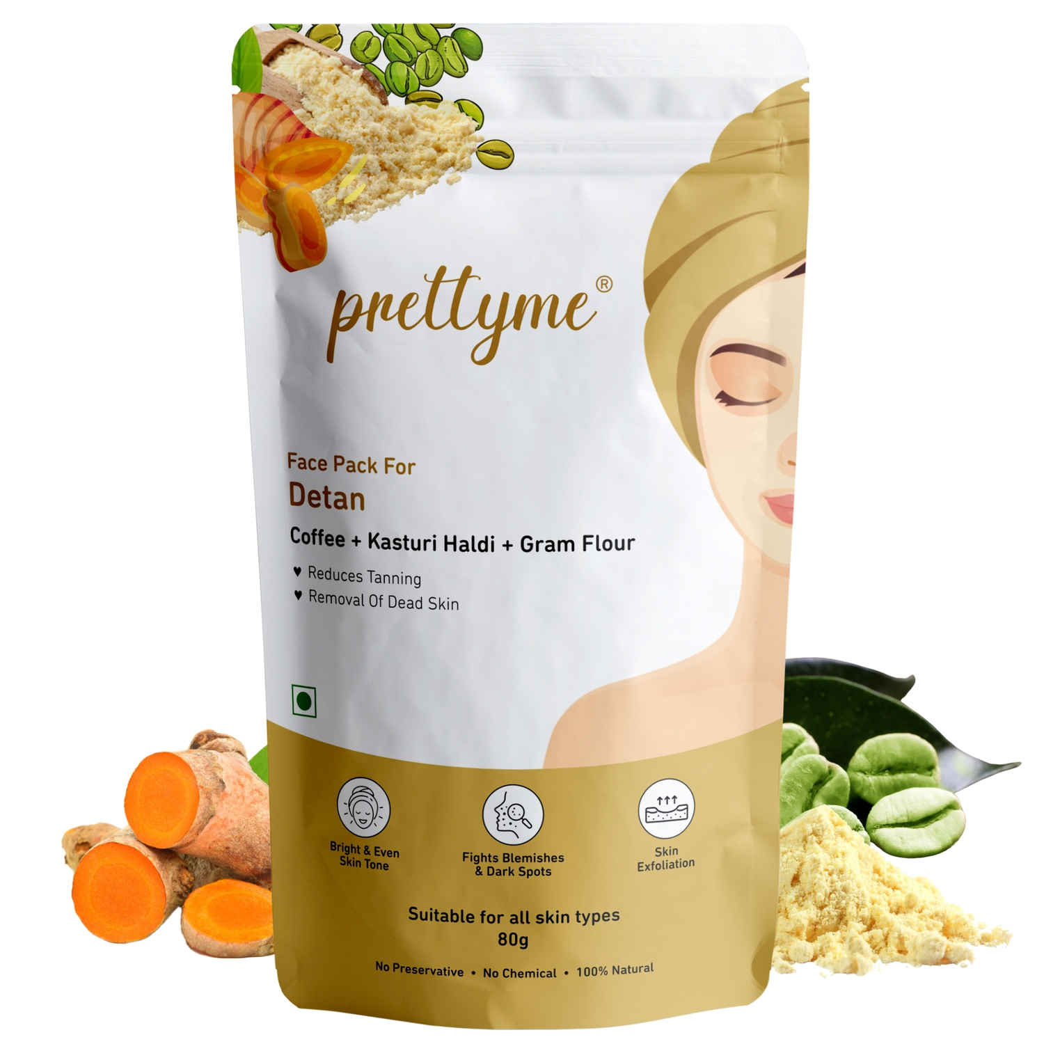 Buy Prettyme Coffee & Kasturi Haldi Powder Face Pack for Detan | Helps In Tan Removal & Brighter Skin, 80 gm - Purplle