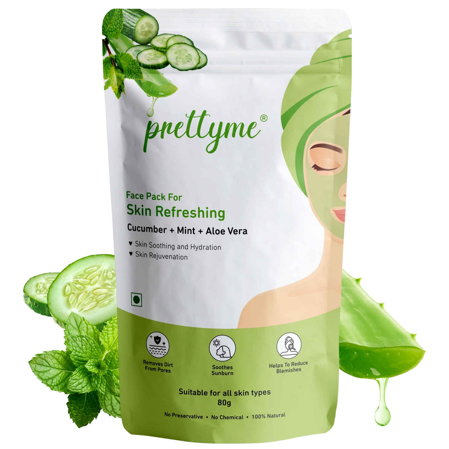 Buy Prettyme Cucumber, Mint & Aloe Vera Powder Face Pack for Skin Refresh & Hydration, 80 gm - Purplle