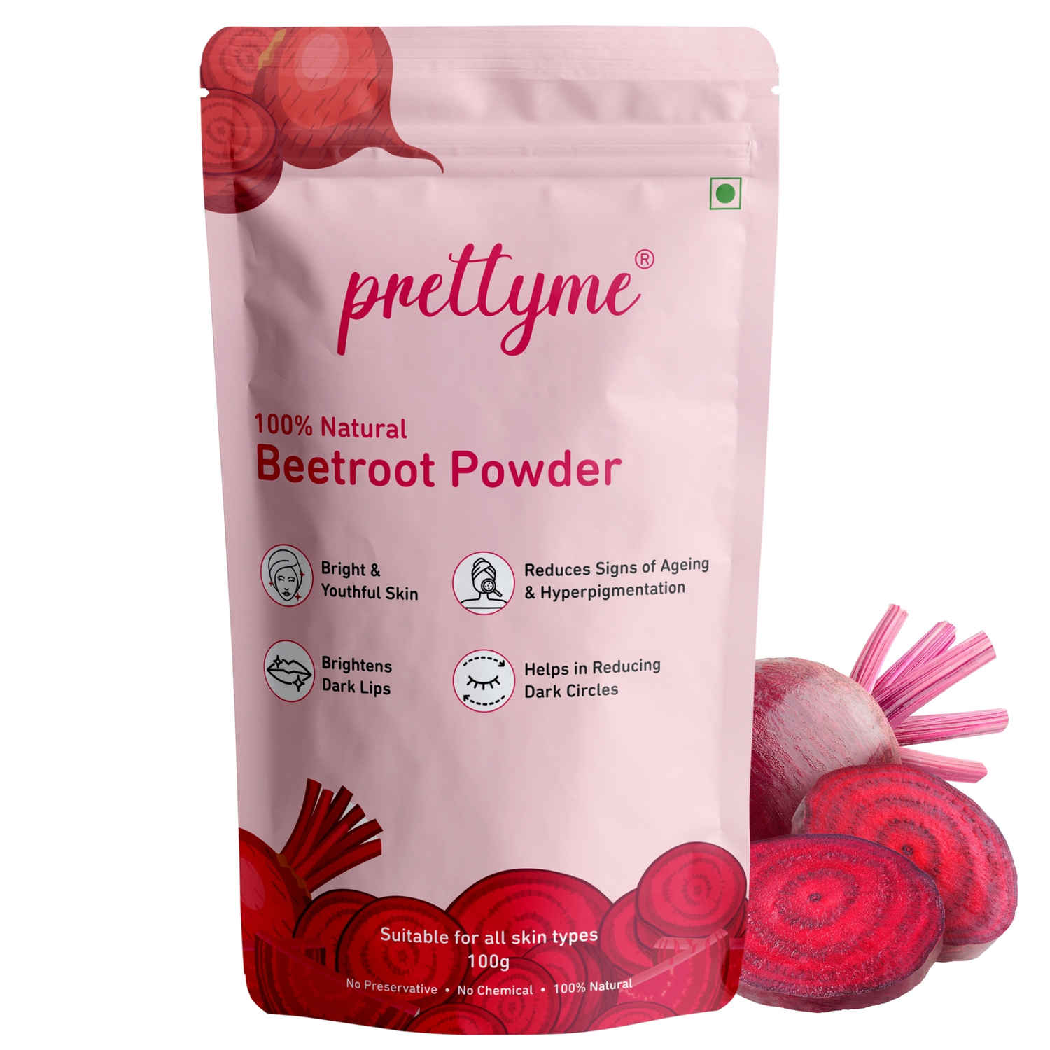 Buy Prettyme Natural Beetroot Powder For Skin, Hair & Lips | Face Pack for Skin Glowing & Nourishing, 100 gm - Purplle
