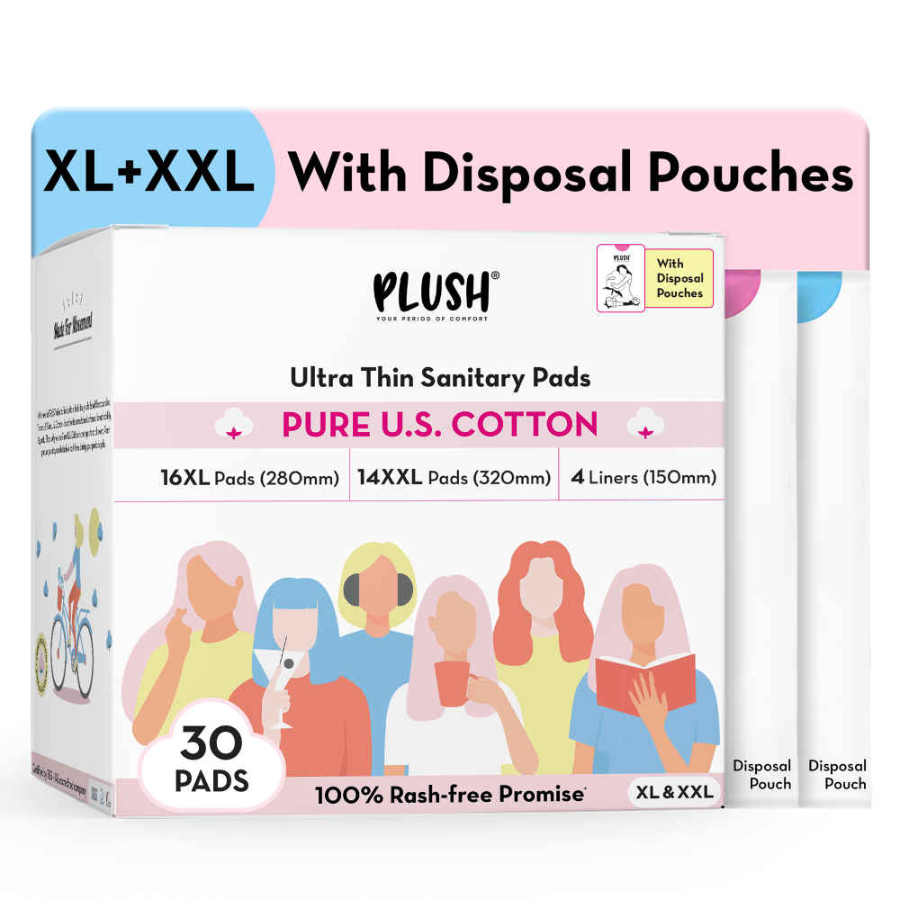 Buy Plush Ultra-Thin Sanitary Pads For Women, 30 Cotton Sanitary Napkins | 14 Heavy Flow XXL pads + 16 Medium Flow XL pads + 4 Panty Liners For Rash Free Periods | Pure U.S. Cotton Pads With Disposable Pouch - Purplle