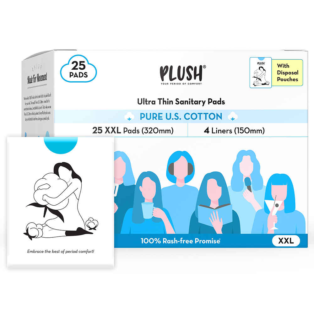 Buy PLUSH Ultra-Thin XXL Sanitary Pads for Women, 25 Pcs | For Light-Medium Flow | 4 Panty Liners | 100% Rash-Free | Pure U.S. Cotton Sanitary Napkins - Purplle