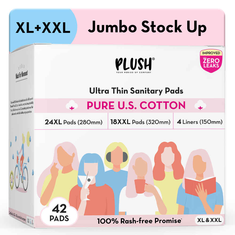 Buy Plush Ultra-Thin Sanitary Pads For Women, 42 Cotton Sanitary Napkins | 18 Heavy Flow XXL pads + 24 Medium Flow XL pads + 4 Panty Liners For Rash Free Periods | Pure U.S. Cotton Pads With Disposable Pouch - Purplle