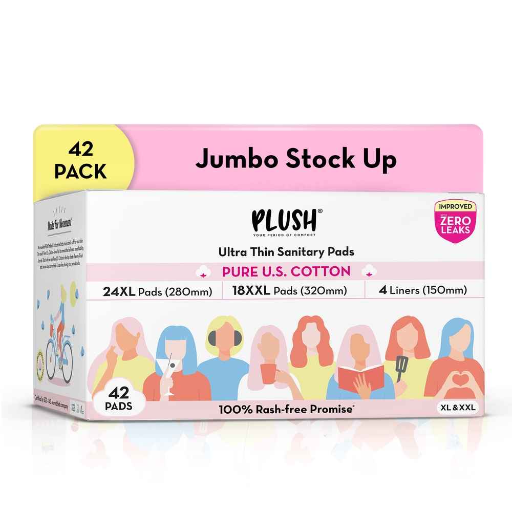 Buy Plush Ultra-Thin Sanitary Pads For Women, 42 Cotton Sanitary Napkins | 18 Heavy Flow XXL pads + 24 Medium Flow XL pads + 4 Panty Liners For Rash Free Periods | Pure U.S. Cotton Pads With Disposable Pouch - Purplle