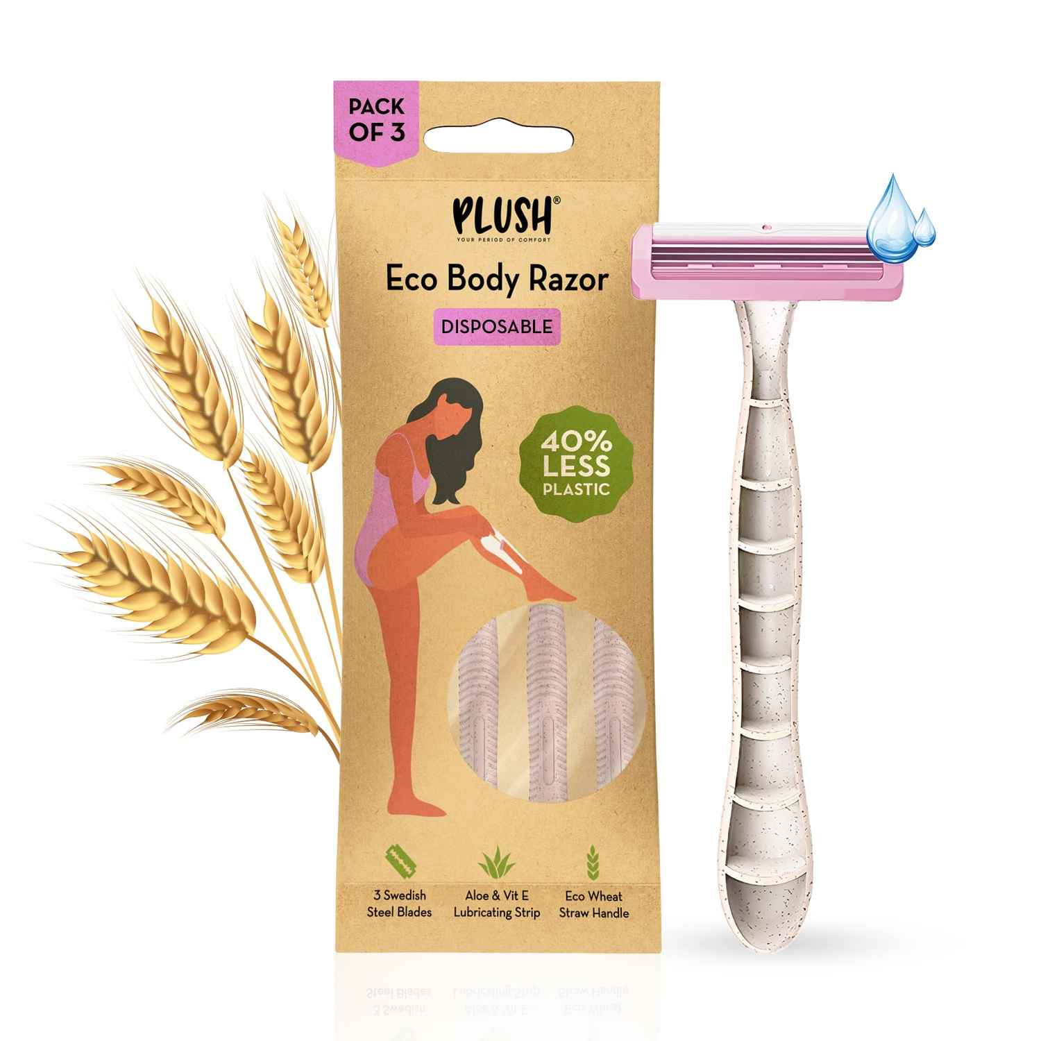 Buy Plush Disposable Eco-Razor for Women (Pack of 3) with Aloe & Vit E Lubricating Strip | Painless Hair Removal Razor with 3 Swedish Steel Blades & Wheat Straw Handle - Purplle