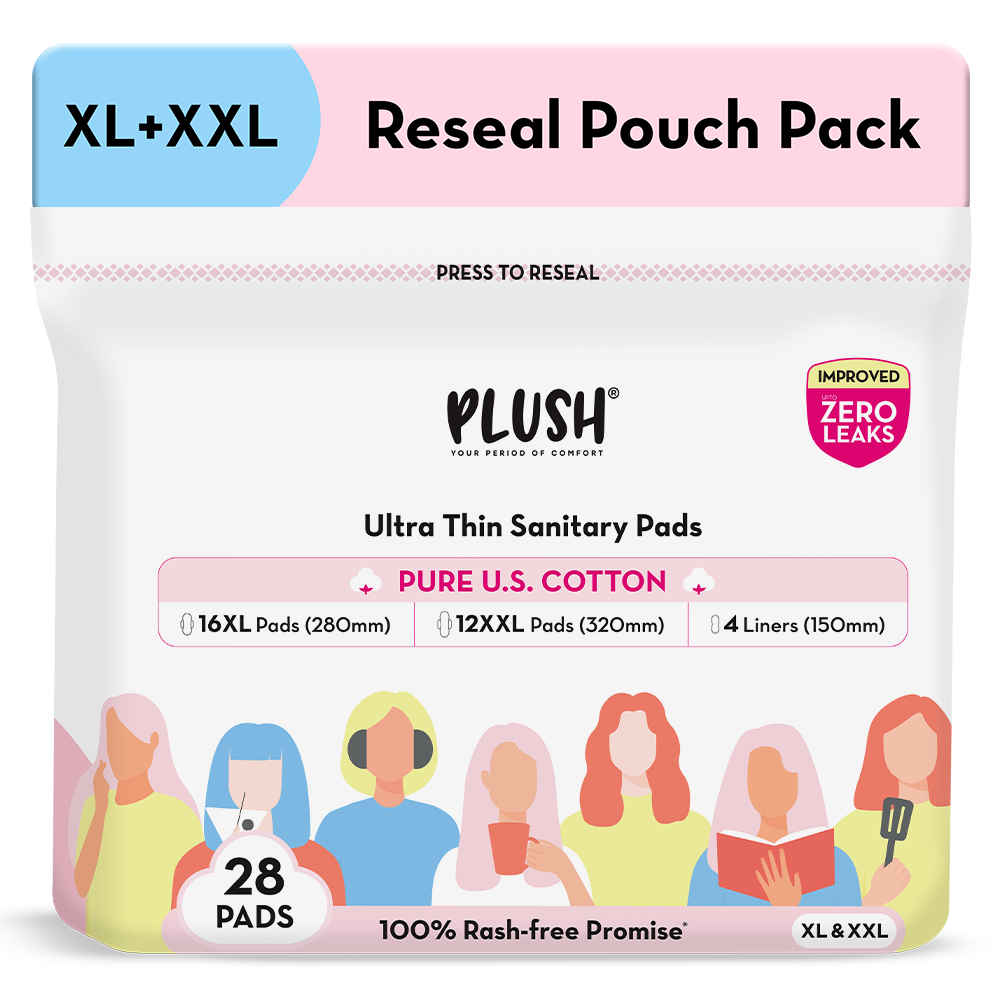 Buy Plush Ultra-Thin Sanitary Pads For Women, 28 Cotton Sanitary Napkins | 12 Heavy Flow XXL pads + 16 Medium Flow XL pads + 4 Panty Liners For Rash Free Periods | Pure U.S. Cotton Pads With Re-sealable Pouch - Purplle