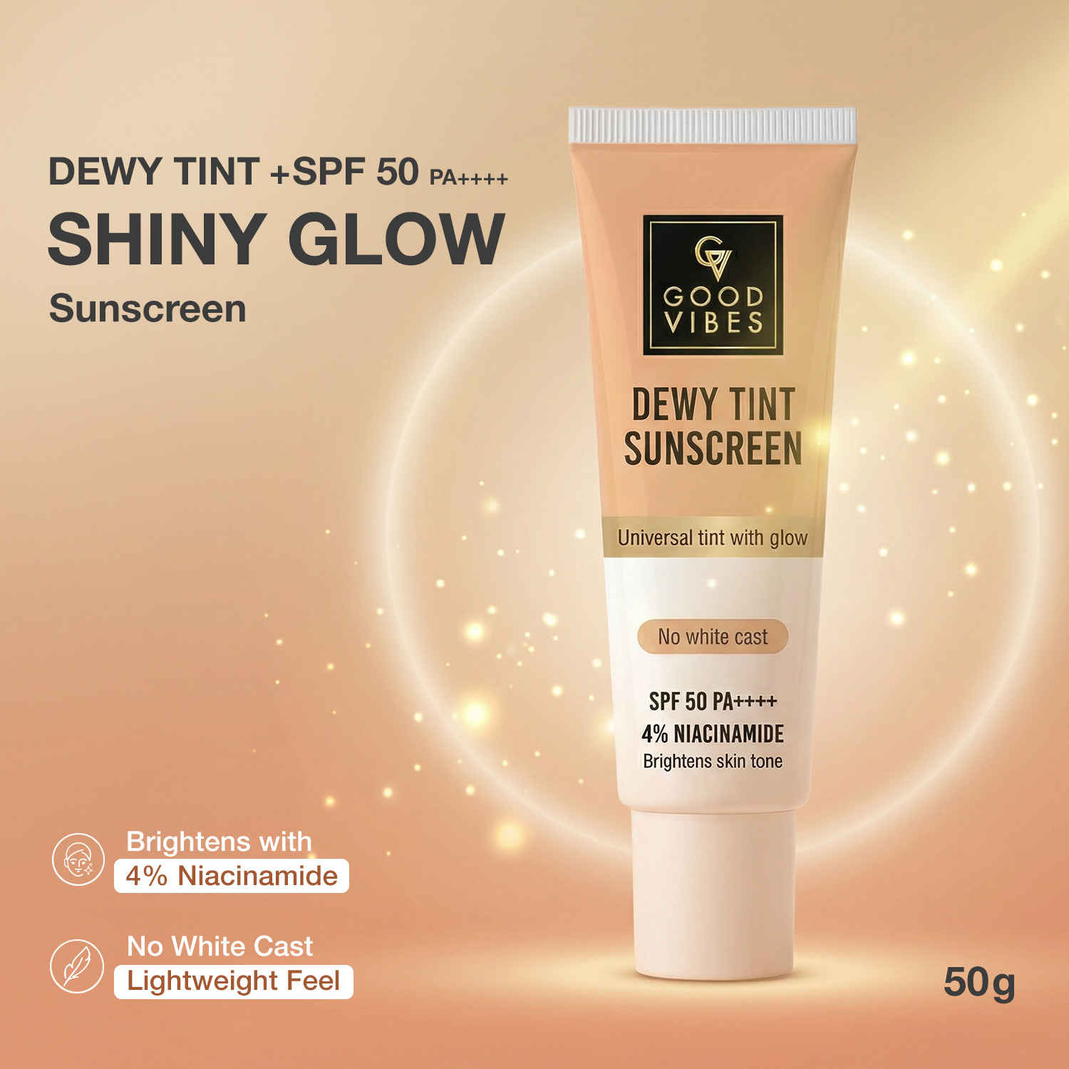 Buy Good Vibes Dewy Tint Sunscreen SPF 50 PA++++ | With 4% Niacinamide | Universal Tint with Glow | Instant Brightening & Tone Correction | No White Cast | | Lightweight Non-Oily Formula | Broad Spectrum UVA & UVB Protection | Daily Wear | 50 gm - Purplle