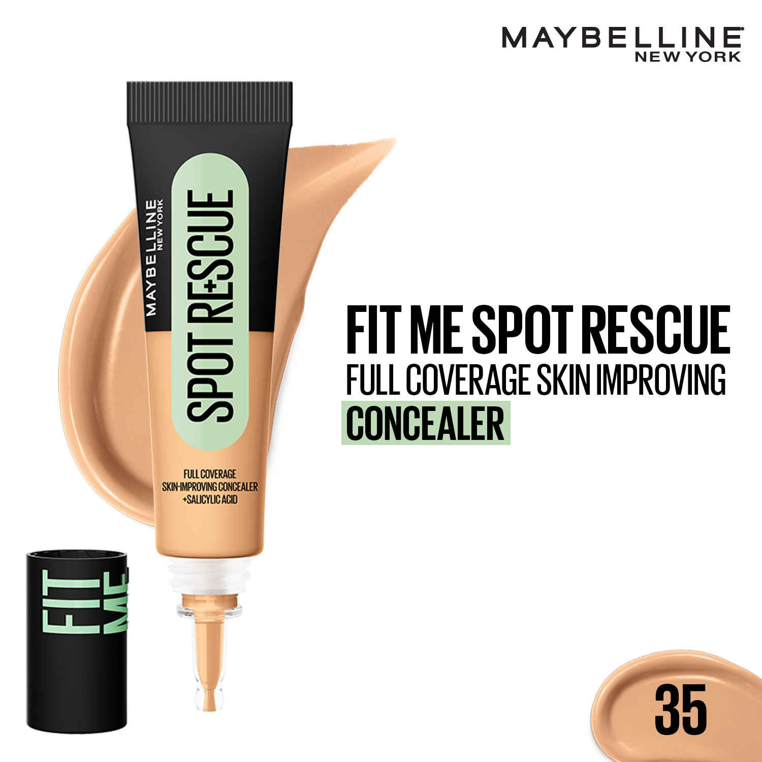 Buy Maybelline New York Fit Me Spot Rescue Full Coverage Concealer, 24H Wear, Fades Spots, Minimizes Pimples, Clinically Tested, Non Comedogenic - 35, 15 gm - Purplle