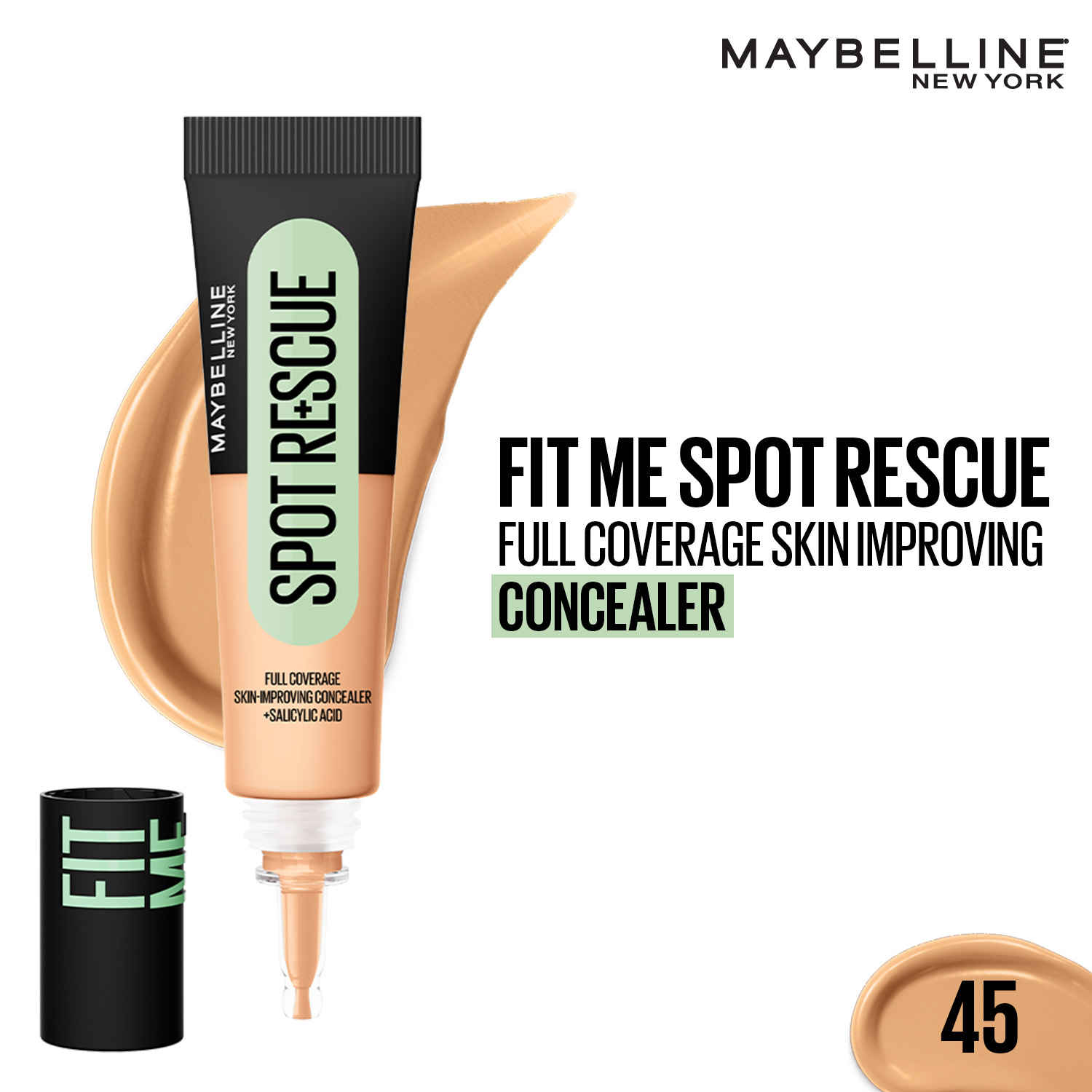 Buy Maybelline New York Fit Me Spot Rescue Full Coverage Concealer, 24H Wear, Fades Spots, Minimizes Pimples, Clinically Tested, Non Comedogenic - 45, 15 gm - Purplle