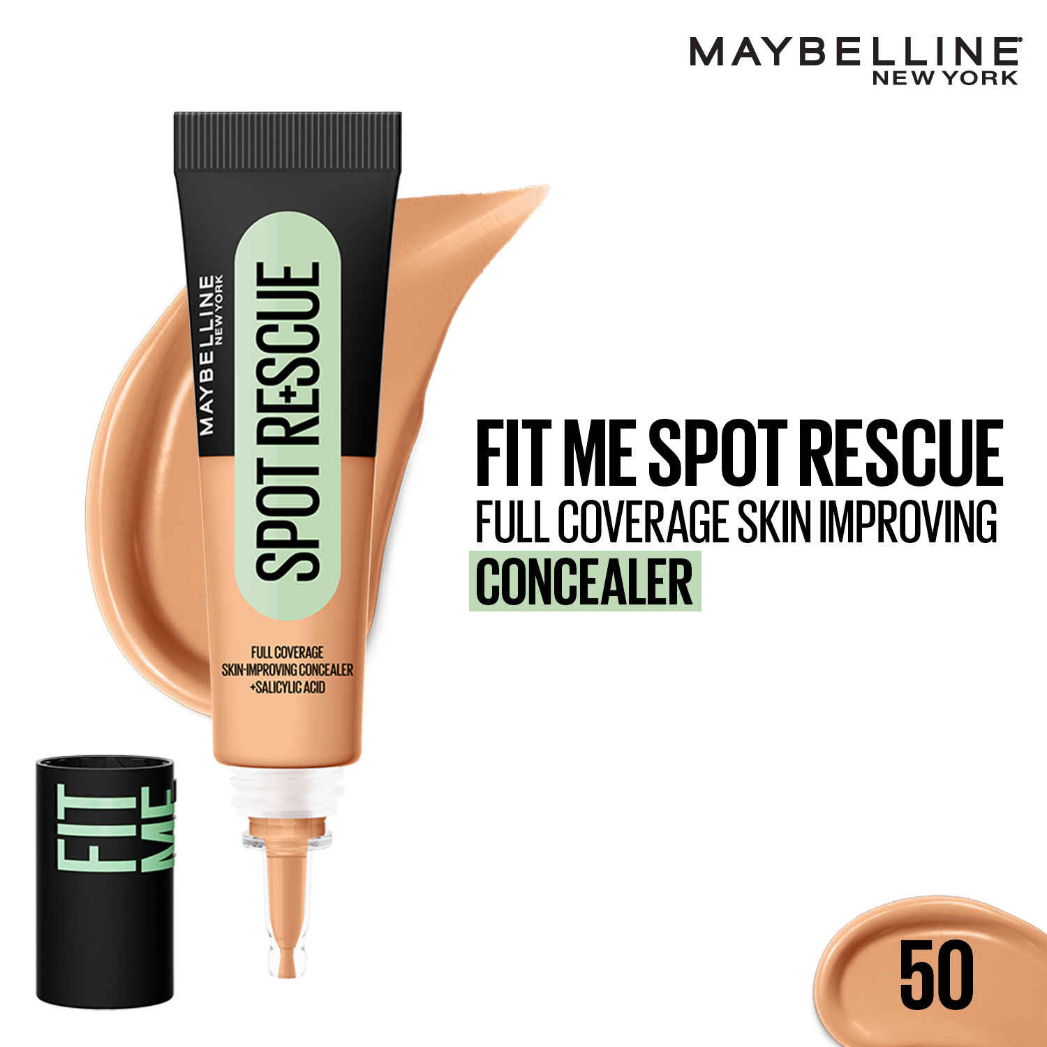 Buy Maybelline New York Fit Me Spot Rescue Full Coverage Concealer, 24H Wear, Fades Spots, Minimizes Pimples, Clinically Tested, Non Comedogenic - 50, 15 gm - Purplle