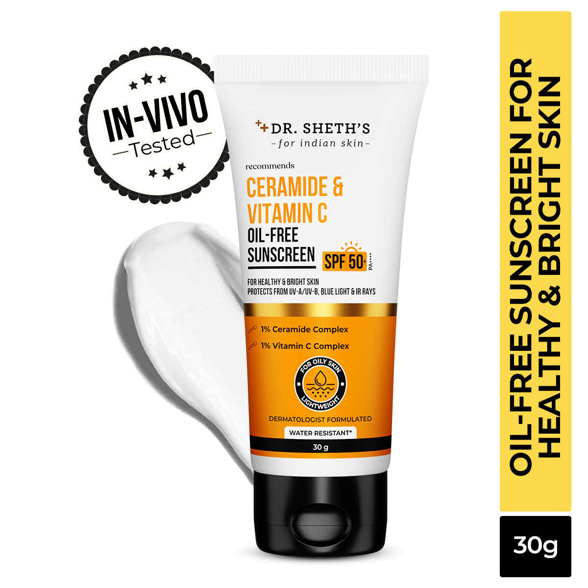 Buy Dr. Sheth's Ceramide & Vitamin C Oil-Free Sunscreen SPF 50+ PA++++ |In-Vivo Tested | For Healthy & Bright Skin | Lightweight & Non Greasy | For UVA/UVB & Blue Light & IR Protection | No white cast | For Oily Skin | For Men & Women | 30 gm - Purplle