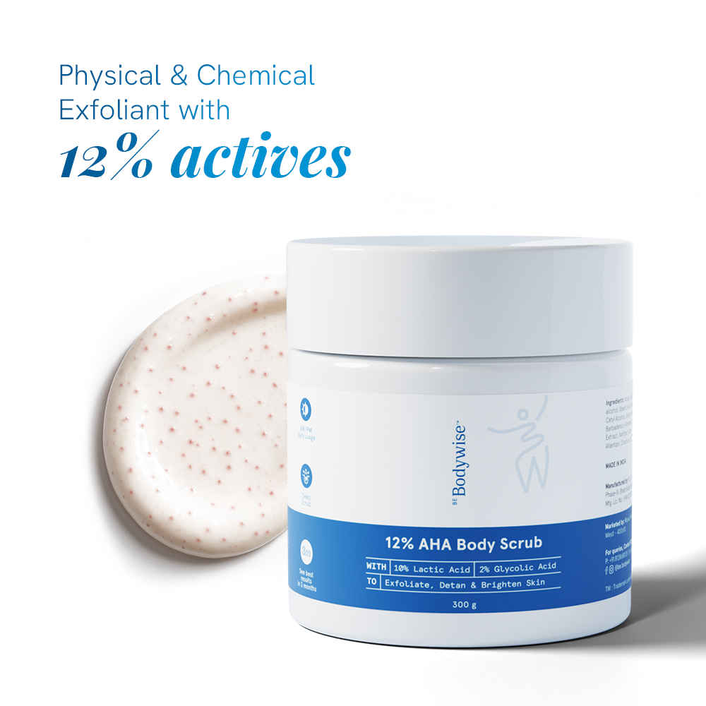 Buy Be Bodywise 12% AHA Body Scrub | Exfoliating Scrub with Glycolic Acid & Lactic Acid | Smoothens Strawberry Skin & Rough Bumps | Oat & Aloe Extract for Hydration | Vitamin E for Skin Protection | 300 gm - Purplle