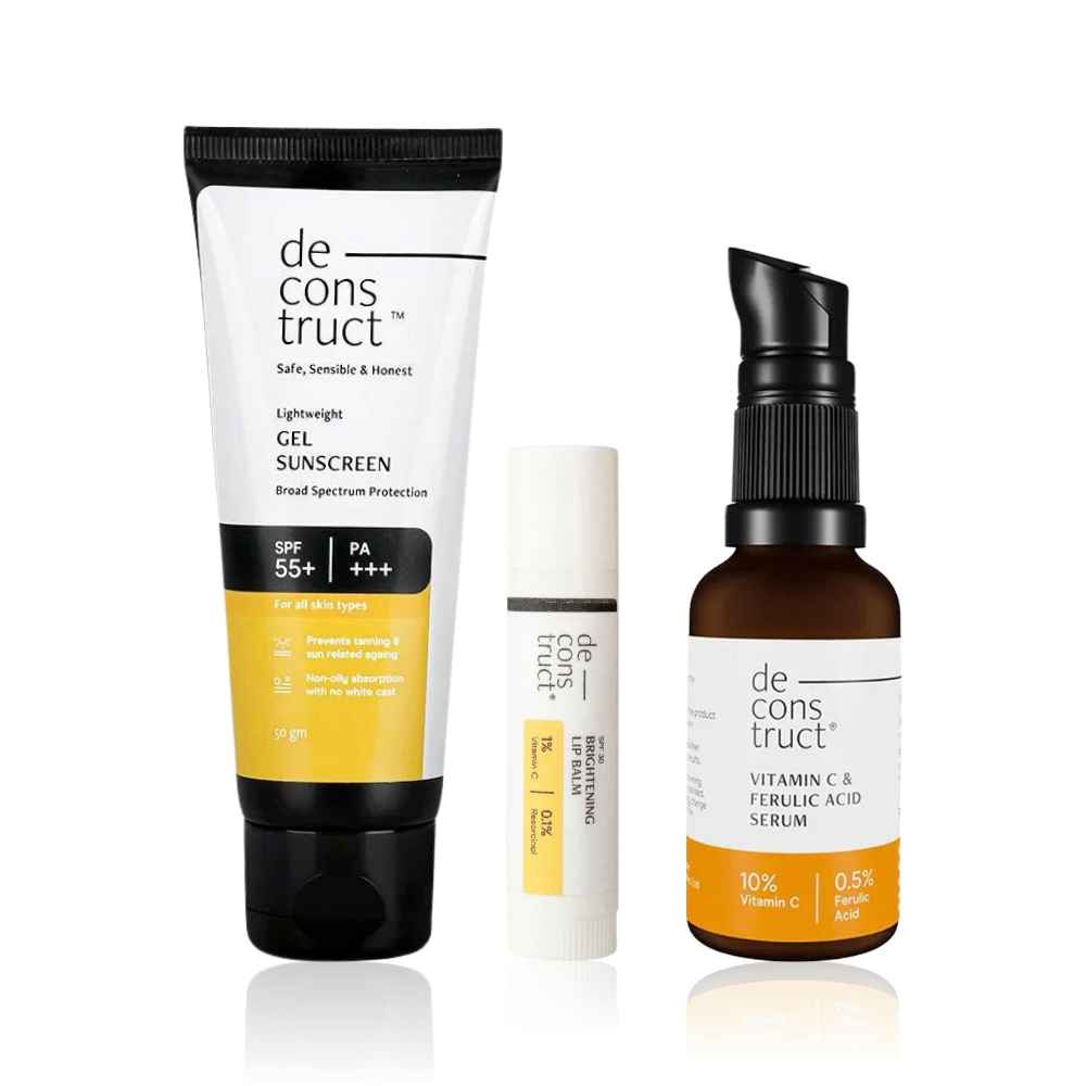Buy Deconstruct Daily Brightening Shield Trio - Vitamin C Serum 30 ml + Gel Sunscreen 50 gm + Lip Balm 4 gm - Purplle