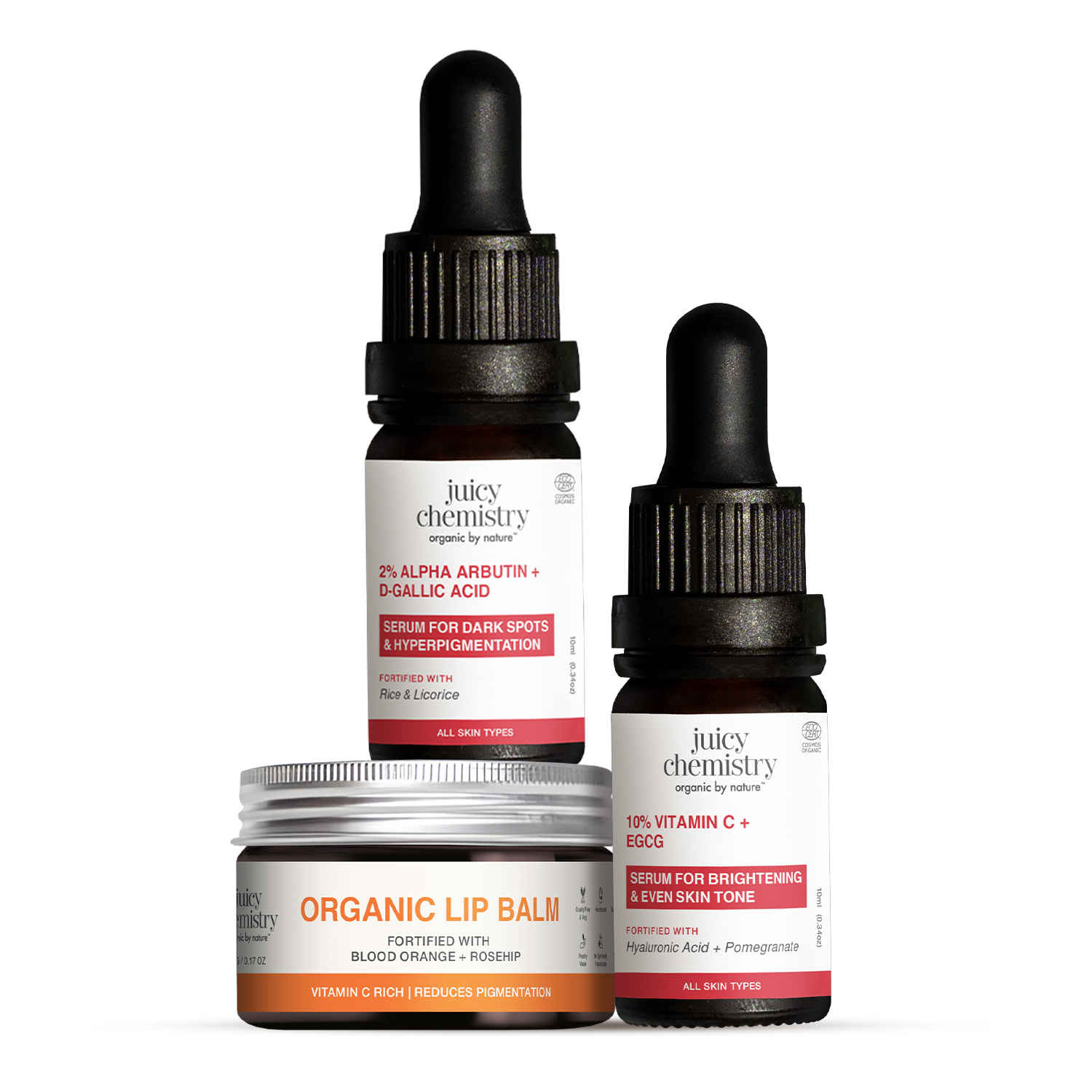 Buy Juicy Chemistry Brightening & Dark Spot Correction Kit | Vitamin C & EGCG + Alpha Arbutin & D-Gallic Acid + Blood Orange Lip Balm | Hyperpigmentation, Uneven Skin Tone & Lip Care | Combo of 3 - Purplle