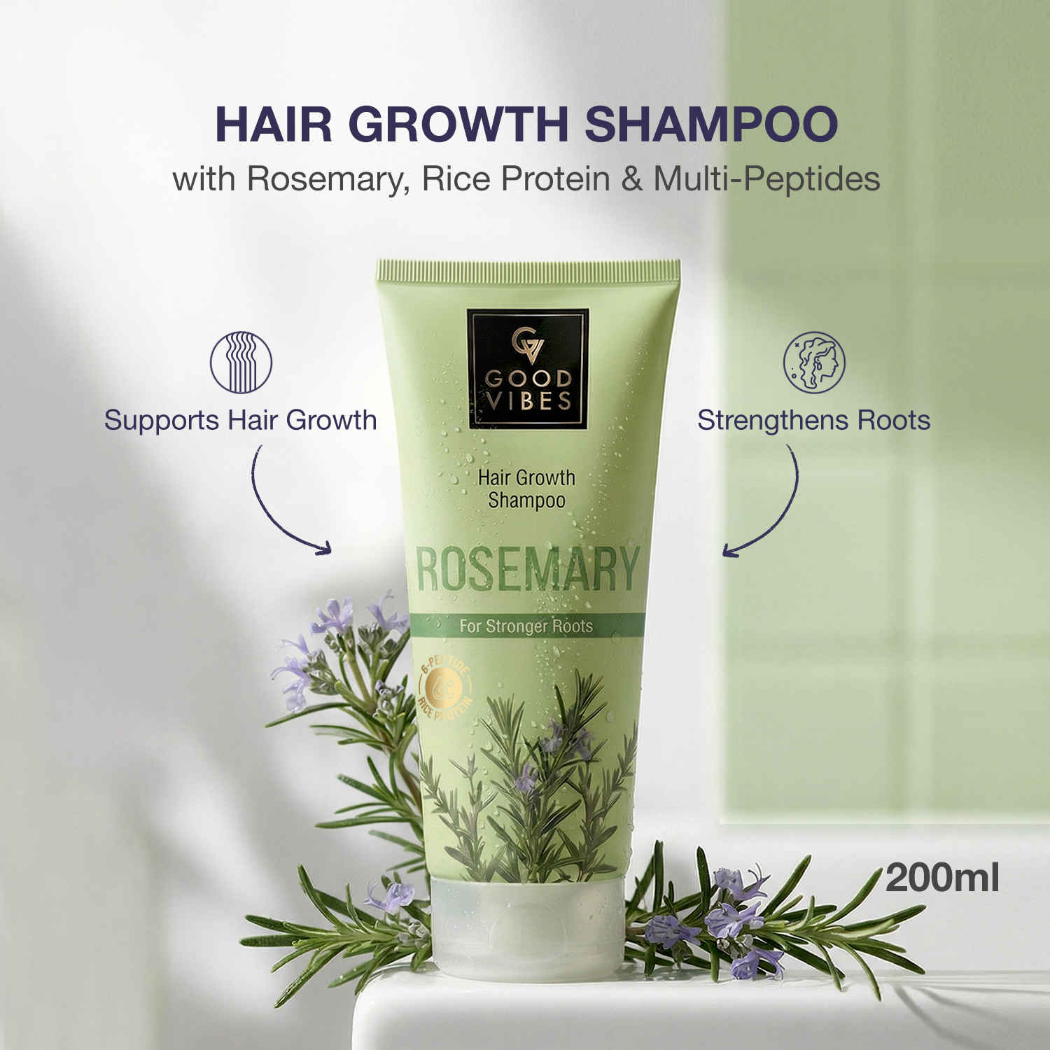 Buy Good Vibes Rosemary, Rice Protein & Multi Peptide Hair Growth Shampoo|Strengthens Roots & Reduces Hair Fall|Supports Healthy Hair Growth|Gentle Cleansing, Non-Drying Formula | For Stronger, Thicker-Looking Hair | Suitable for All Hair Types| 200 ml - Purplle