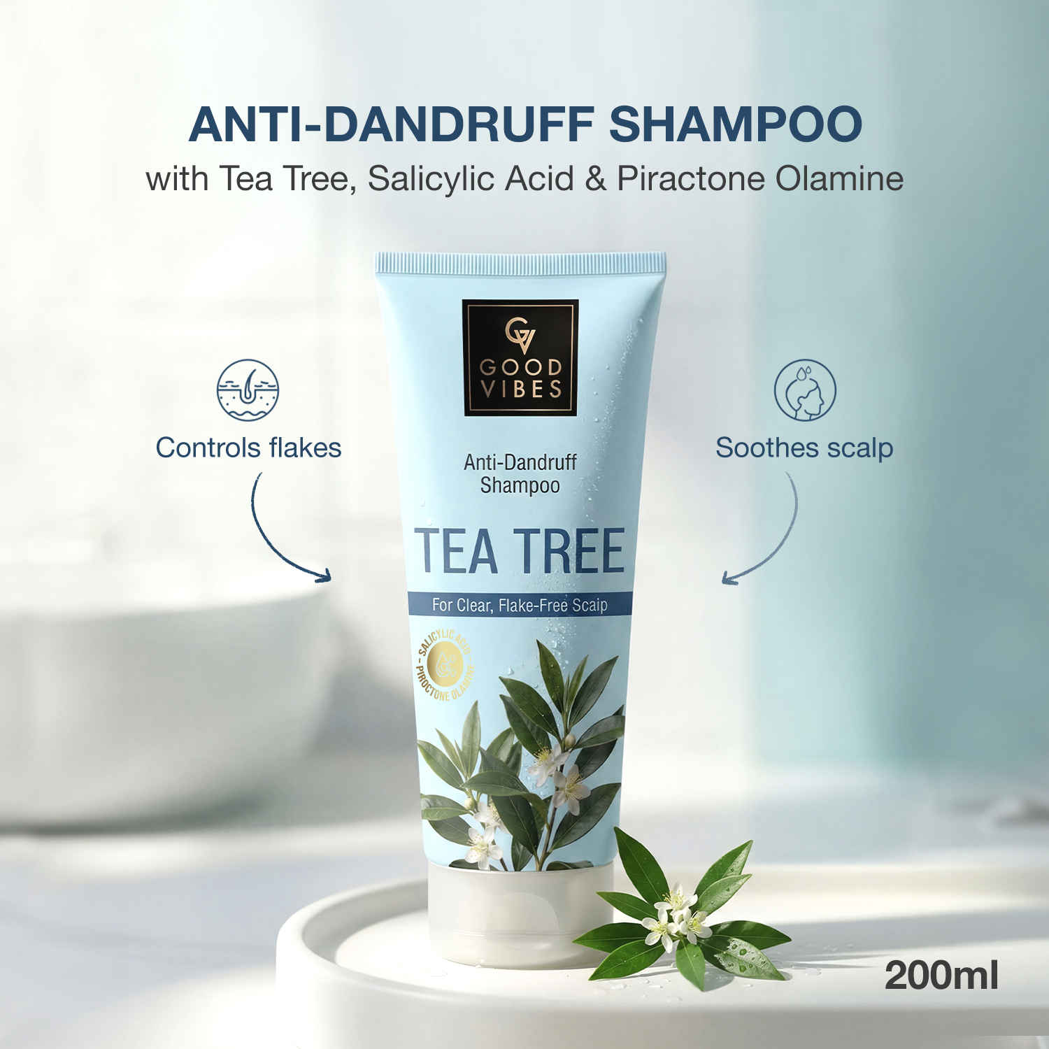Buy Good Vibes Tea Tree, Salicylic Acid & Piroctone Olamine Anti-Dandruff Shampoo | Reduces Dandruff & Flakes | Soothes Itchy Scalp | Removes Oil & Buildup | Gentle Cleansing for Clean, Flake-Free Scalp | 200 ml - Purplle