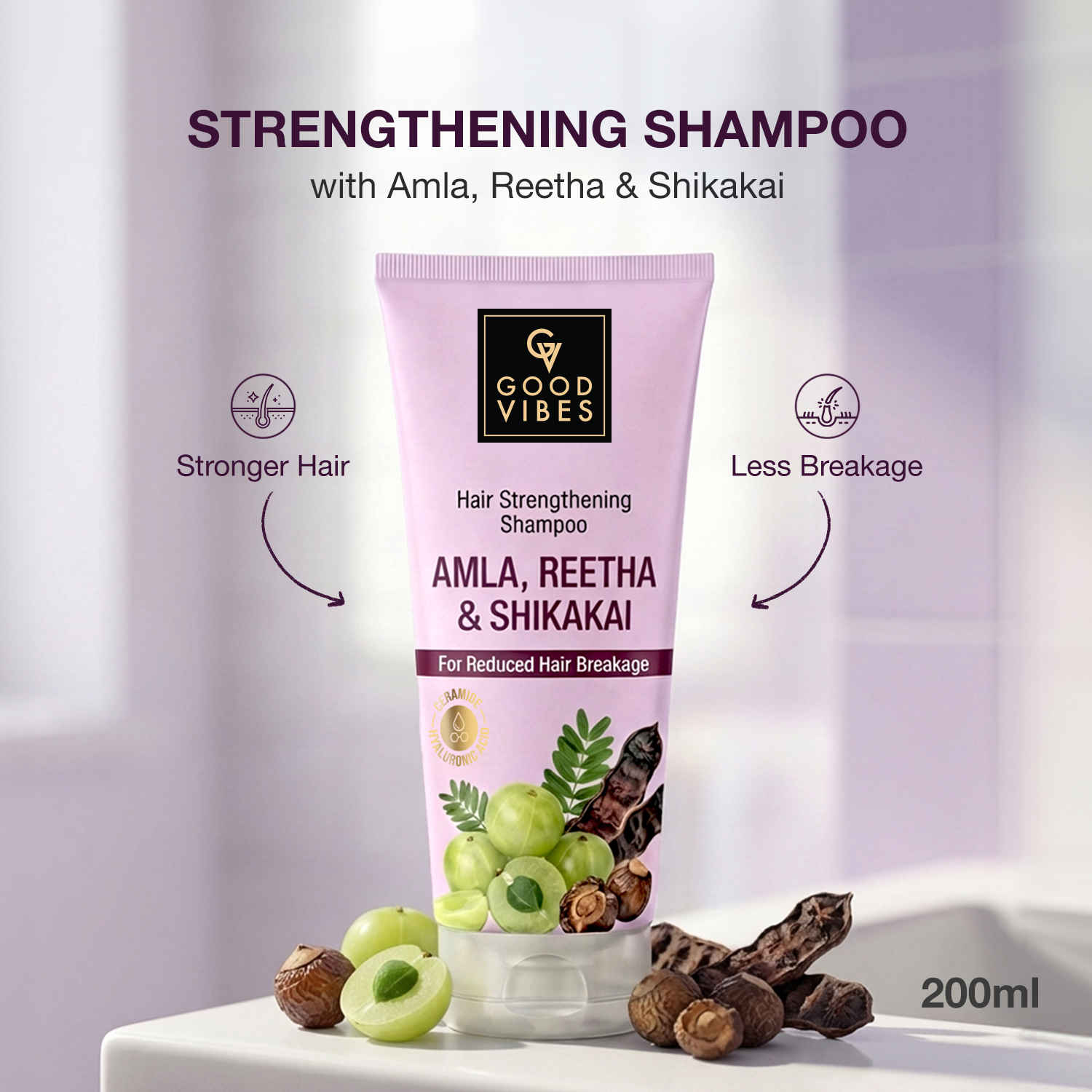 Buy Good Vibes Amla, Reetha & Shikakai Hair Strengthening Shampoo | Reduced Hair Breakage | Stronger, Healthier Hair | Gentle Cleansing for Smooth, Soft & Shiny Hair | 200 ml - Purplle