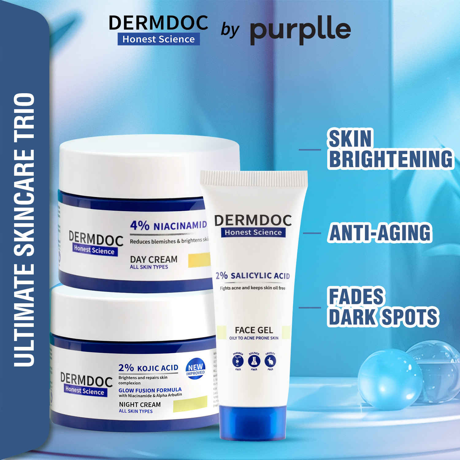 Buy DERMDOC by Purplle 2% Salicylic Acid Anti Acne Face Gel (70 gm) | 2% Kojic Acid Night Cream with Niacinamide & Alpha Arbutin for Skin Brightening (50 gm) | 10% Niacinamide Face Serum (30 ml) - Purplle