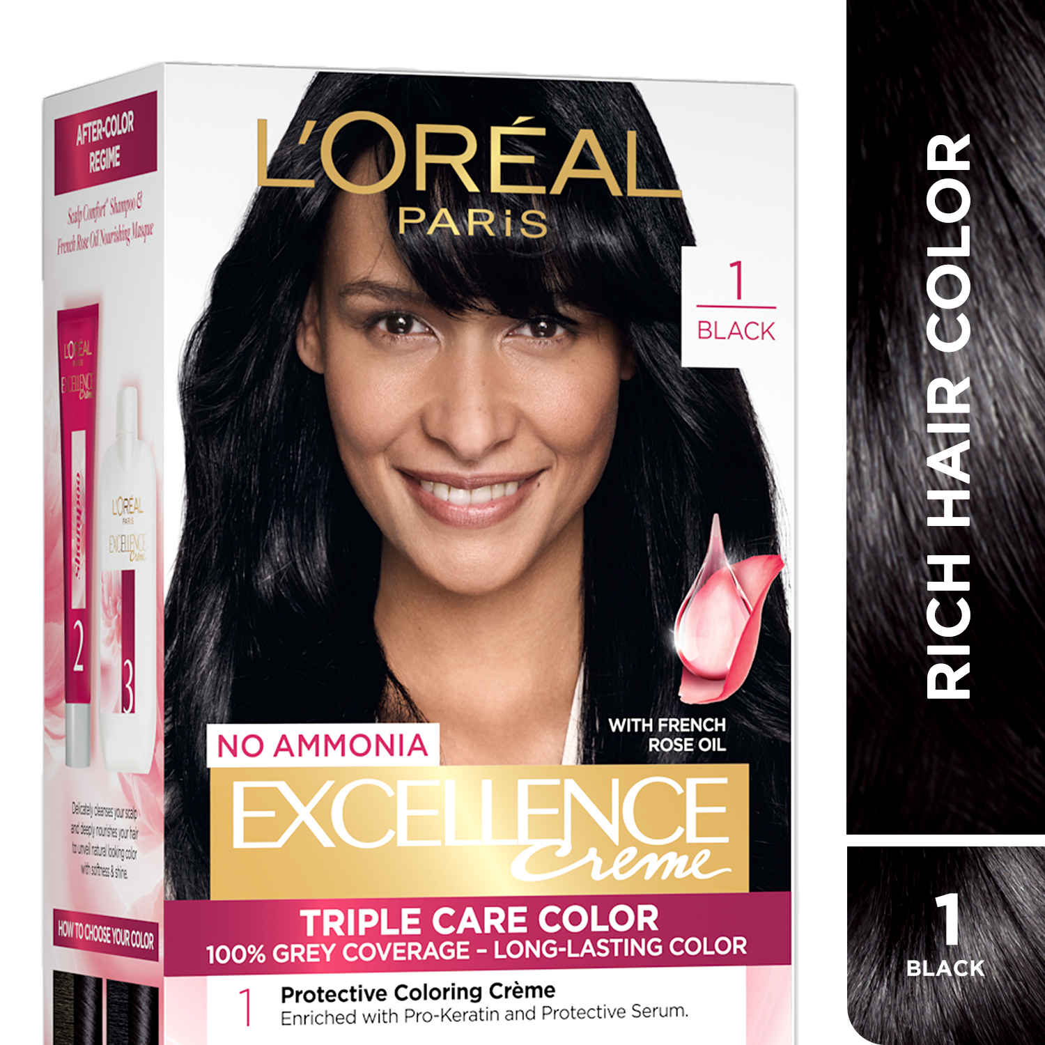 Buy L’Oreal Paris New Excellence Creme Hair Color With Hyaluronic Acid | 3X Richer Color, 10X Moisture | 100% Grey Coverage | Shade 1 | Black, 60 gm + 60 ml + 12 ml + 40 gm - Purplle