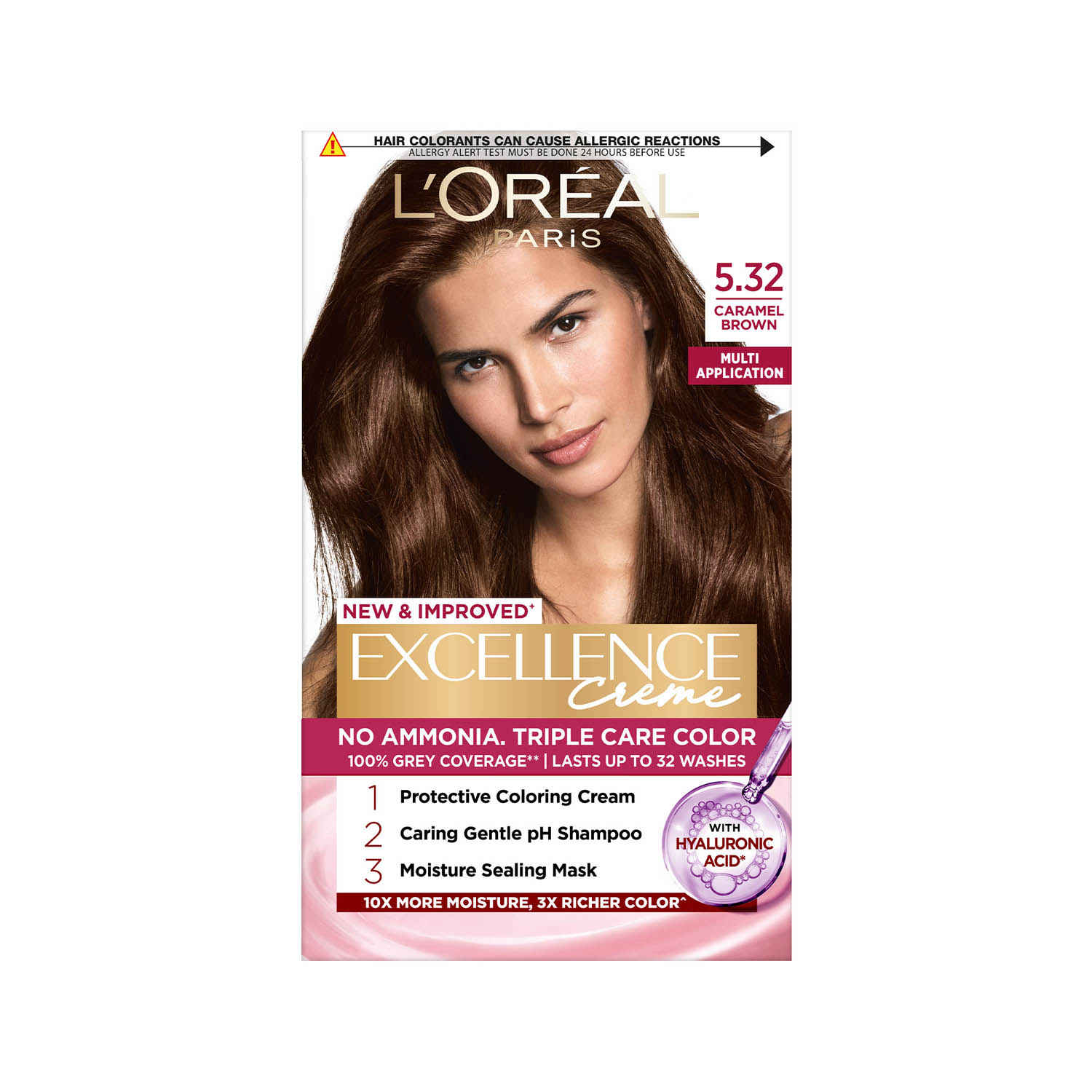 Buy L’Oreal Paris New Excellence Creme Hair Color With Hyaluronic Acid | 3X Richer Color, 10X Moisture | 100% Grey Coverage | Shade 5.32 | Caramel Brown, 60 gm + 60 ml + 12 ml + 40 gm - Purplle