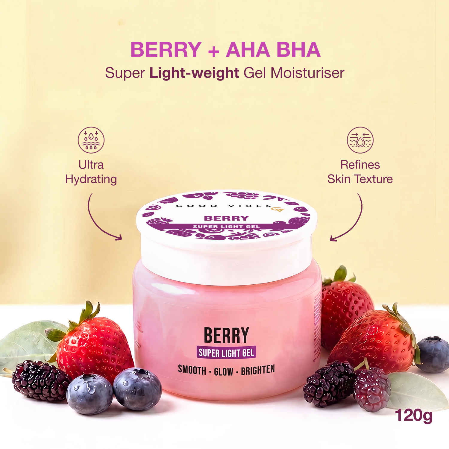 Buy Good Vibes Berry Super Light Gel Moisturiser | 6% Hydration Complex + AHA + BHA | Oil-Free Gel Moisturise | Lightweight Hydration for Smooth & Even-Looking Skin | Non-Sticky & Fast-Absorbing | 120 gm - Purplle