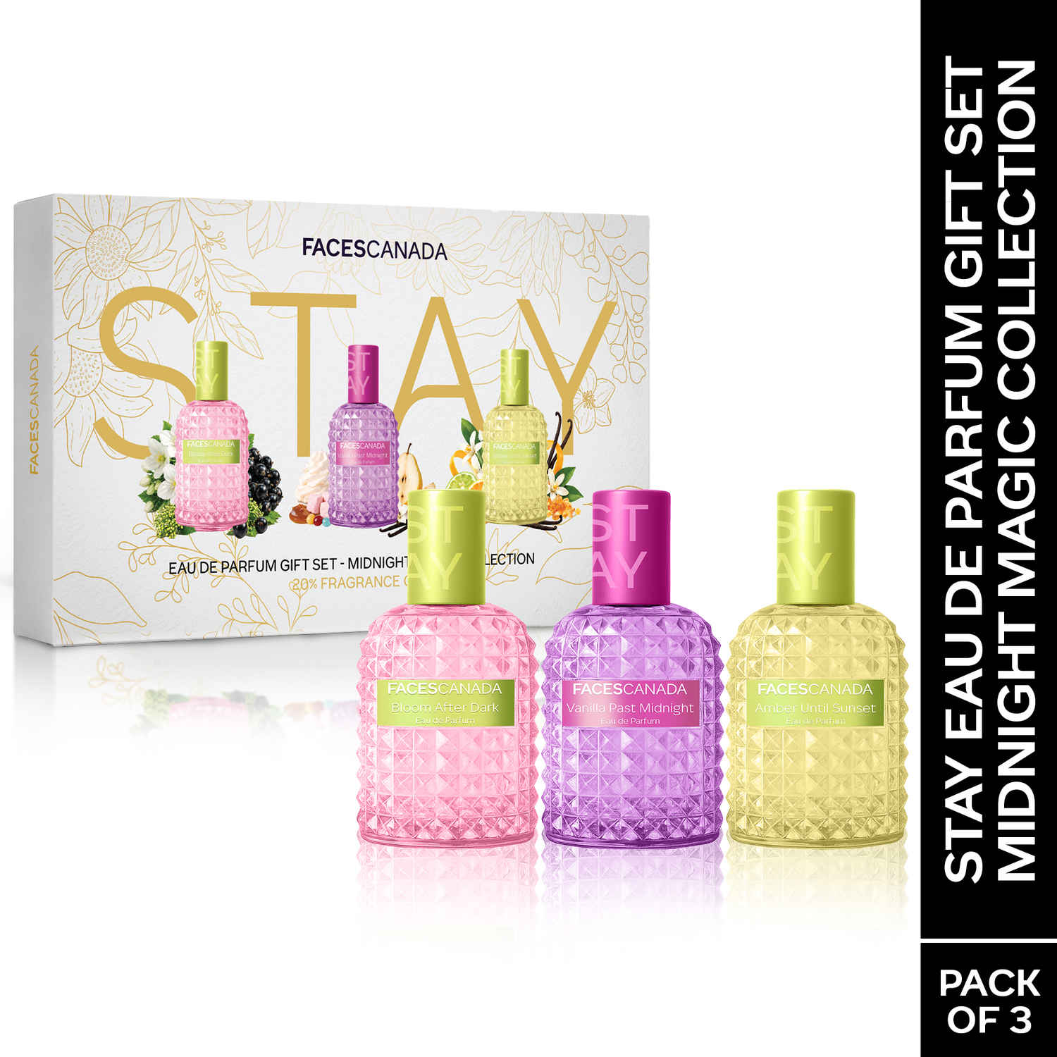 Buy FACES CANADA Stay Eau de Parfum Gift Set - Midnight Magic Collection, 60 ml (20 ml x 3) | From Day To Night Long-Lasting Perfume | Elegant Daily Scent | Gifts for Women | For Every Mood & Occasion | Premium Fragrance - Purplle