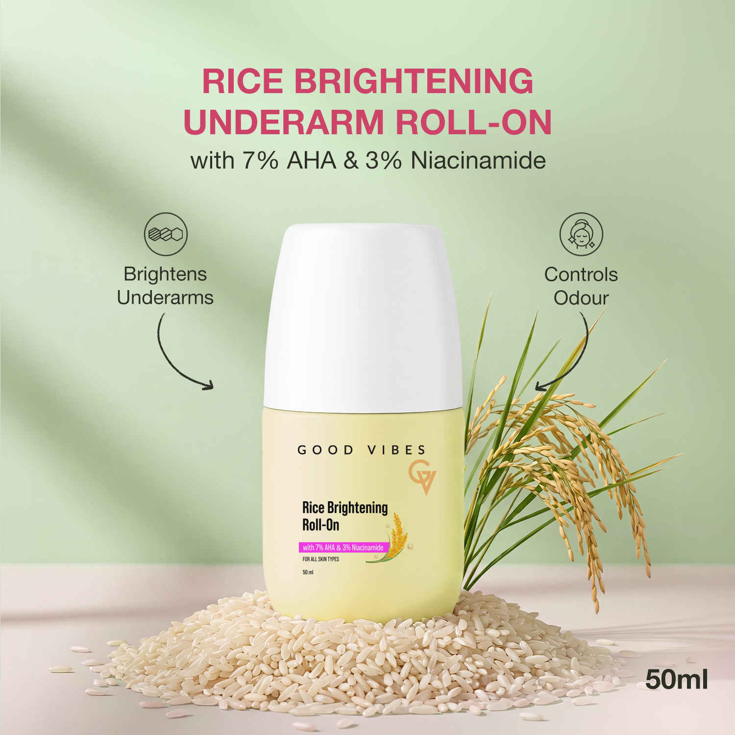 Buy Good Vibes Rice Brightening Underarm Roll On With 7% AHA & 3% Niacinamide | Helps Reduce the Appearance of Underarm Darkness | Quick-Drying & Non-Sticky | Helps Protect Against Odour & Sweat | Suitable for All Skin Types | 50 ml - Purplle