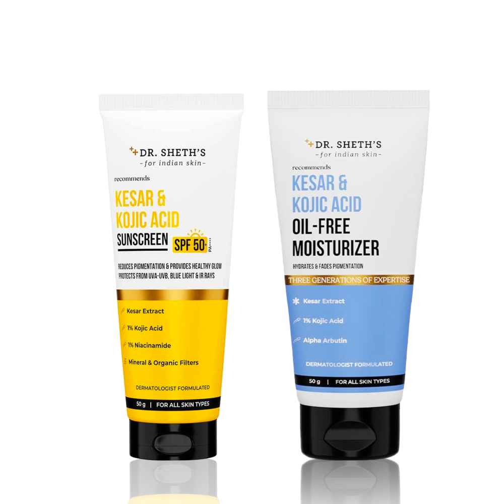 Buy Dr. Sheth's Kesar & Kojic Acid Sunscreen SPF50+ (50 gm) + Kesar & Kojic Acid Oil-Free Moisturizer (50 gm) Skincare Kit Combo of 2 - Purplle