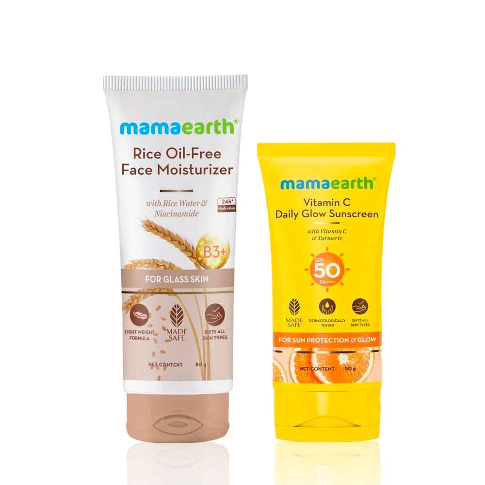 Buy Mamaearth Vitamin C Daily Glow Sunscreen with SPF 50 & PA+++ for Sun Tan Protection & Glow + Rice Oil-Free Face Moisturizer With Rice Water & Niacinamide for Glass Skin Skincare kit, Combo of 2 - Purplle
